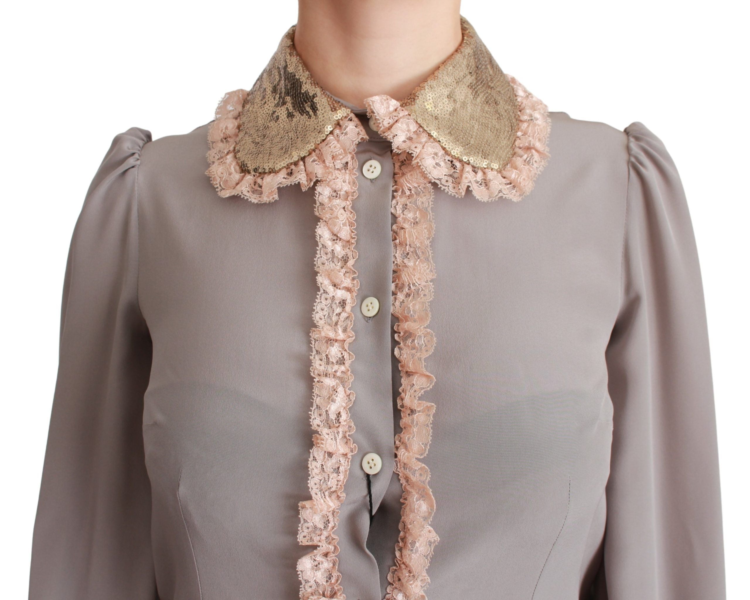 Dolce & Gabbana Graue Seide Gold Pailletten Spitze Bluse Hemd