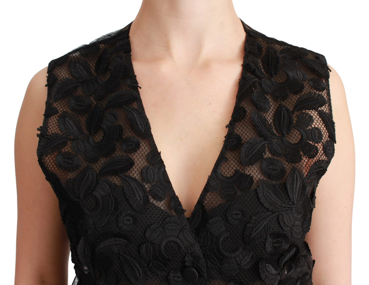 Dolce & Gabbana Schwarzes Brokat-Oberteil mit Blumenmuster Gilet-Weste