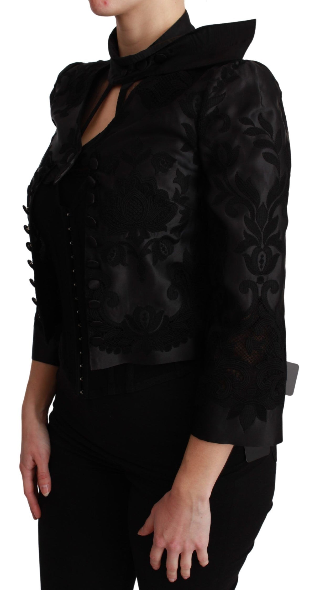 Dolce & Gabbana Schwarzer Jacquard-Blazer mit Blumenmuster Seidenjacke