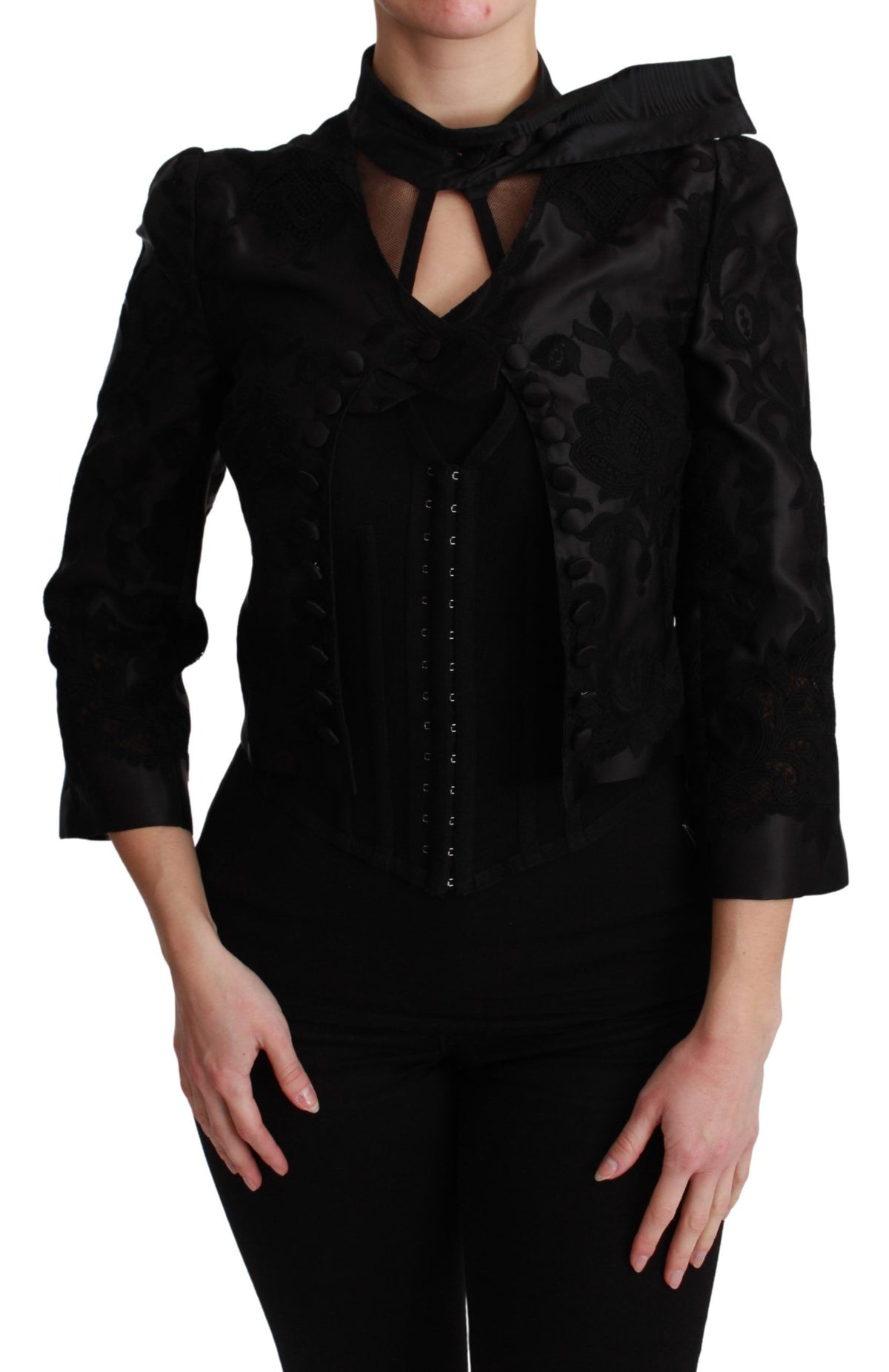 Dolce & Gabbana Schwarzer Jacquard-Blazer mit Blumenmuster Seidenjacke