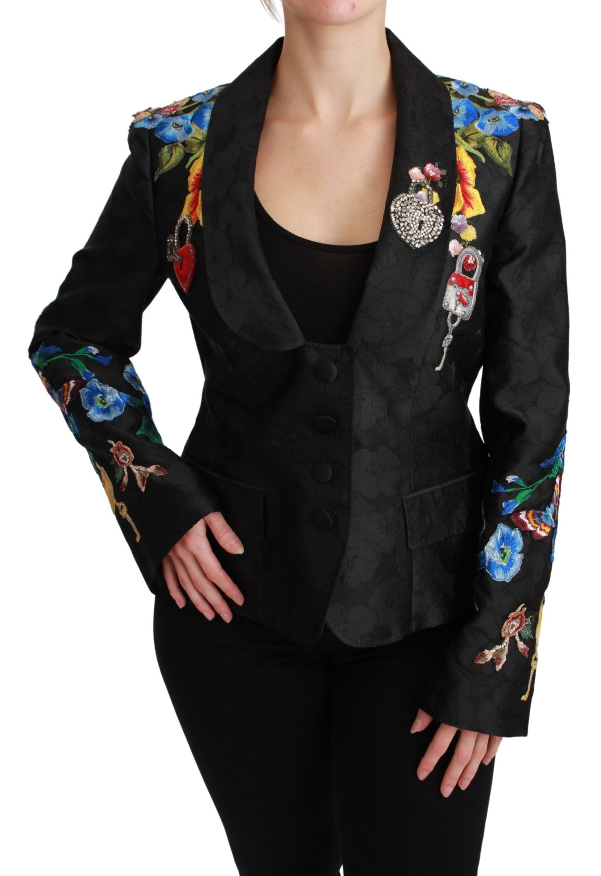 Dolce & Gabbana Schwarze Brokat-Kristall-Blazer-Jacke