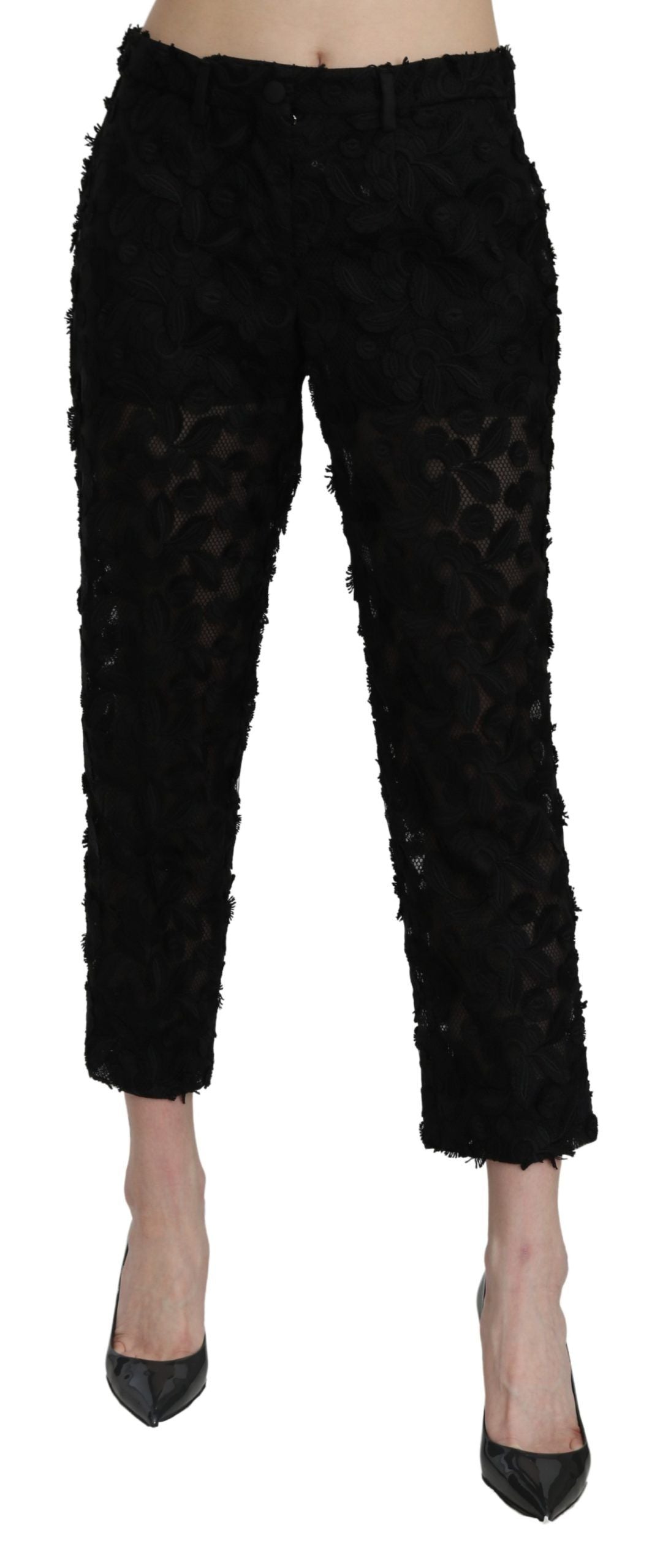 Dolce & Gabbana Schwarze gerade geschnittene Hose mit hoher Taille aus Spitze
