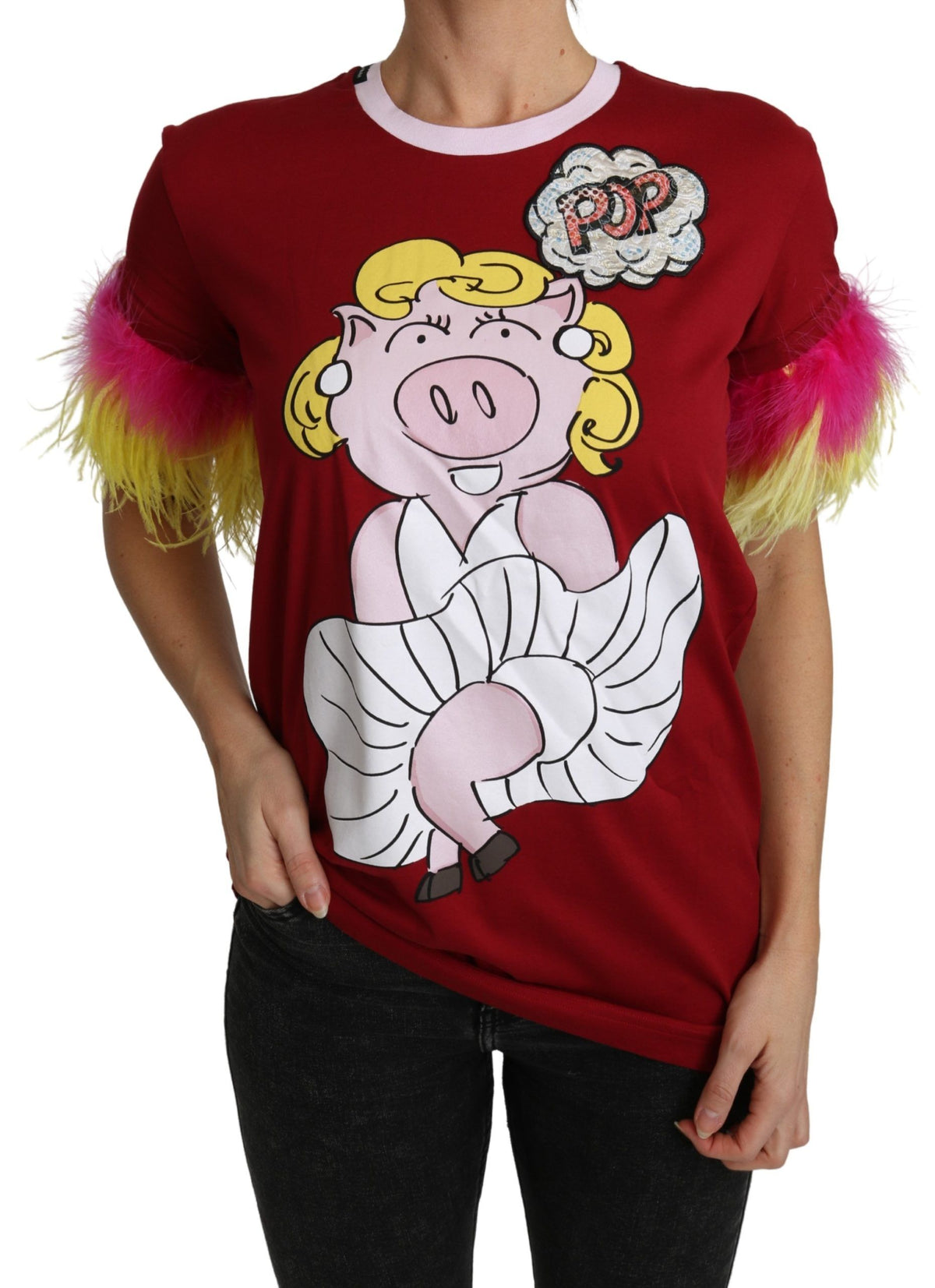 Dolce & Gabbana Rotes Schwein Druck Feder Ärmel T-shirt Top