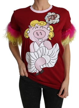 Dolce & Gabbana Rotes Schwein Druck Feder Ärmel T-shirt Top