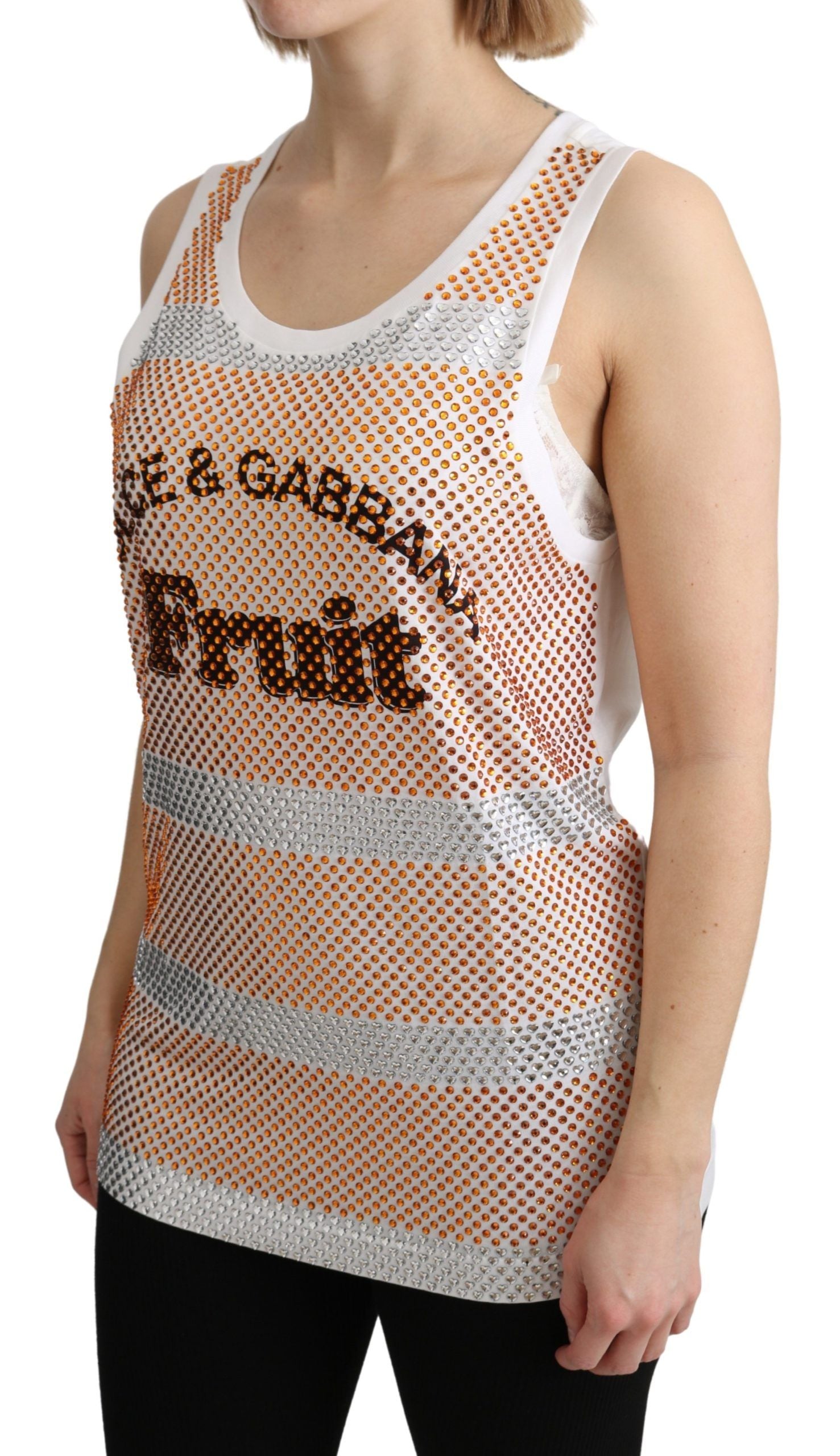 Dolce & Gabbana Weiß Orange Kristall Ärmelloses Tank Top Baumwolle