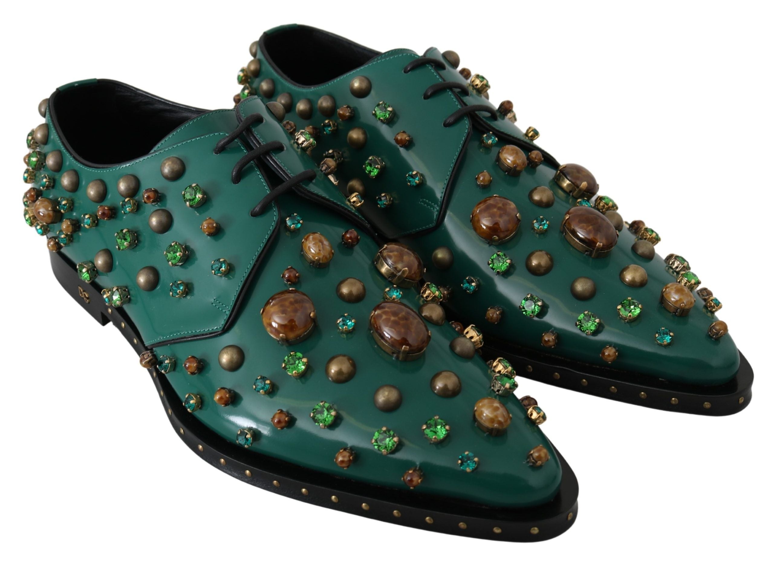 Dolce & Gabbana Grünes Leder Kristall Kleid Broque Schuhe