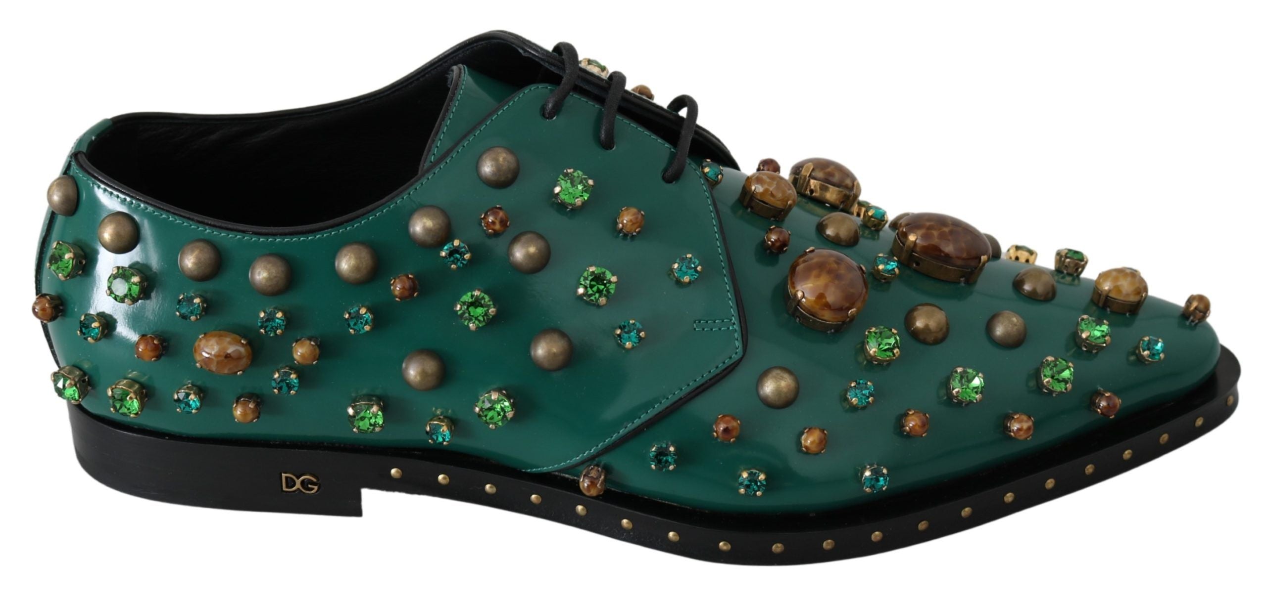 Dolce & Gabbana Grünes Leder Kristall Kleid Broque Schuhe