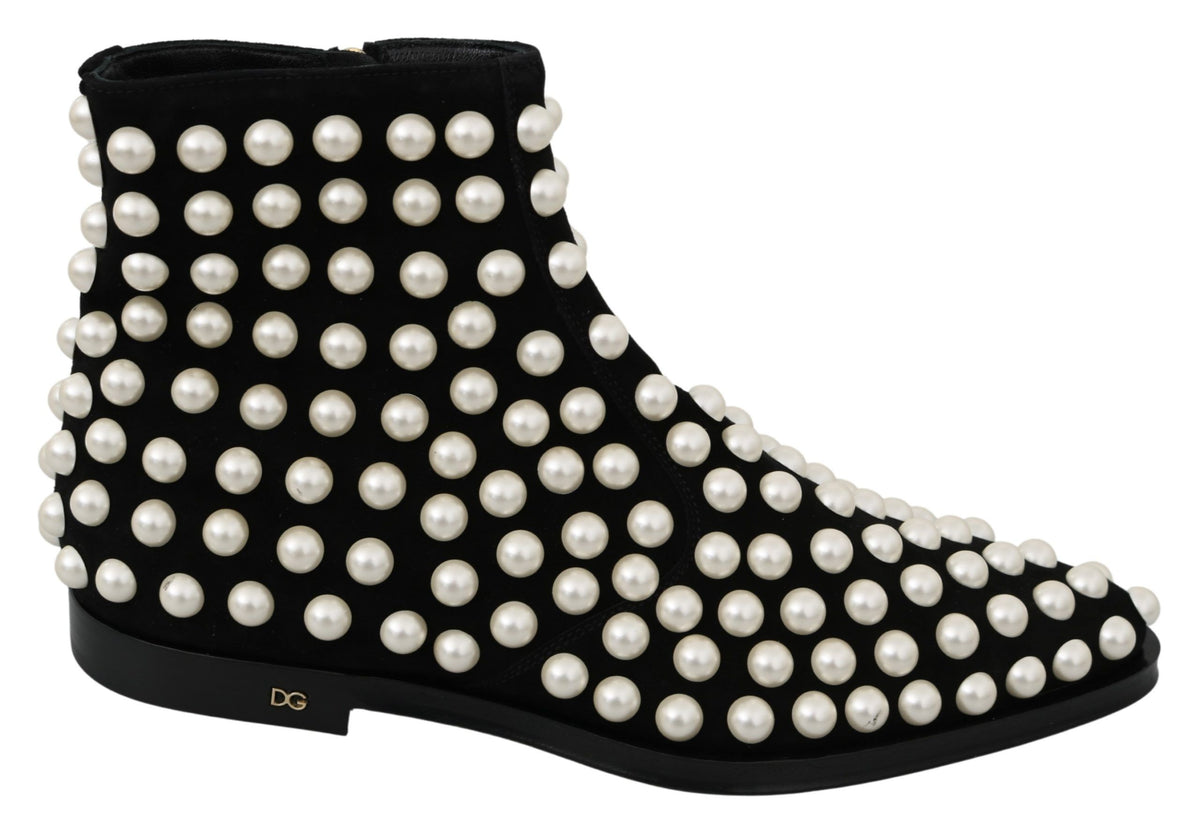 Dolce & Gabbana Schwarz Wildleder Perlen Nieten Stiefel Schuhe