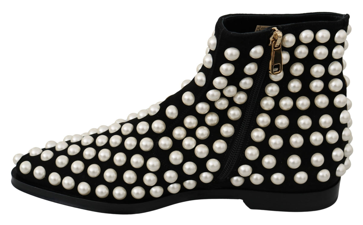 Dolce & Gabbana Schwarz Wildleder Perlen Nieten Stiefel Schuhe