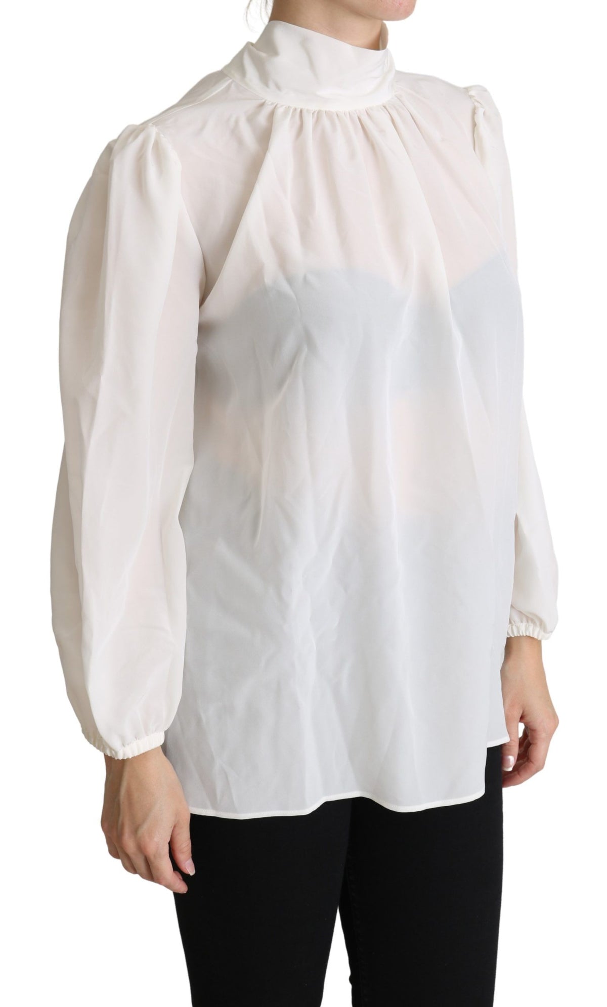 Dolce & Gabbana Weißes Seiden Pussy Bow Langarmtop Bluse