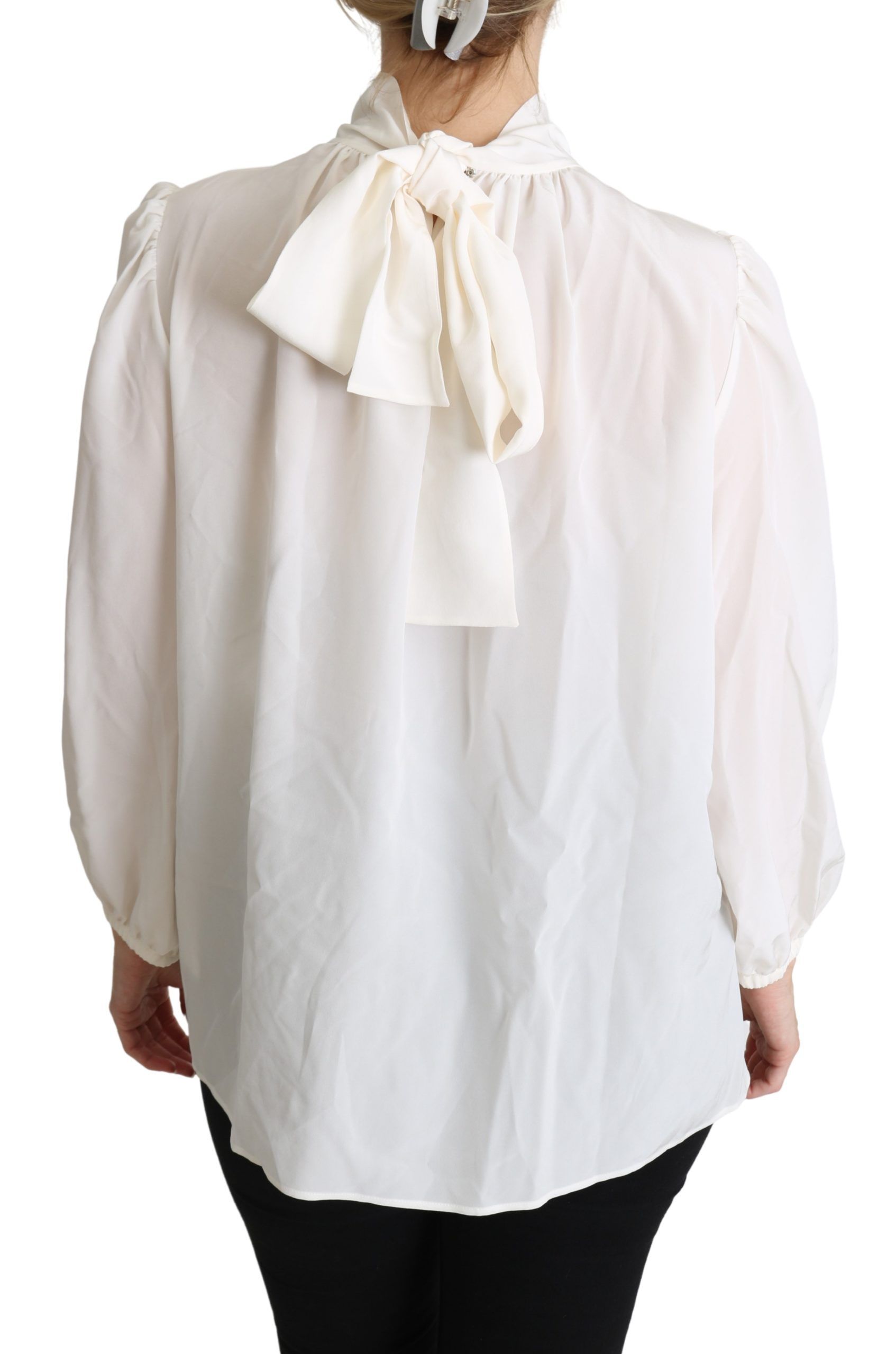 Dolce & Gabbana Weißes Seiden Pussy Bow Langarmtop Bluse