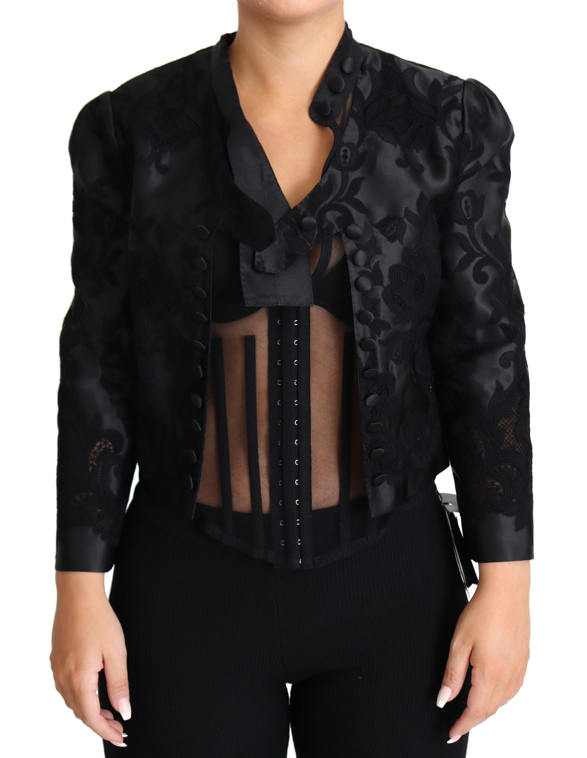 Dolce & Gabbana Schwarze Spitze durchsichtiges Korsett Organza Seidenjacke