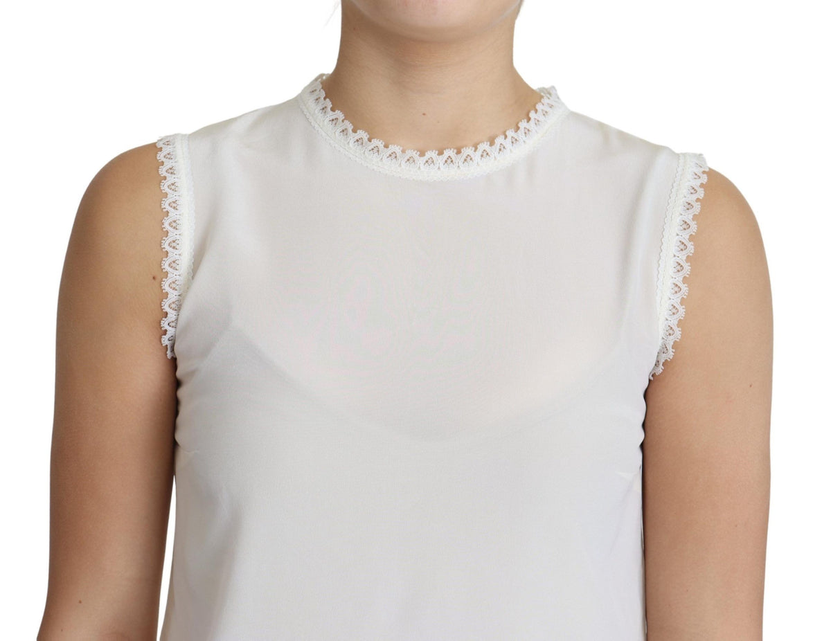 Dolce & Gabbana Weiße Seidenbluse mit Spitzenbesatz und ärmellosem Oberteil
