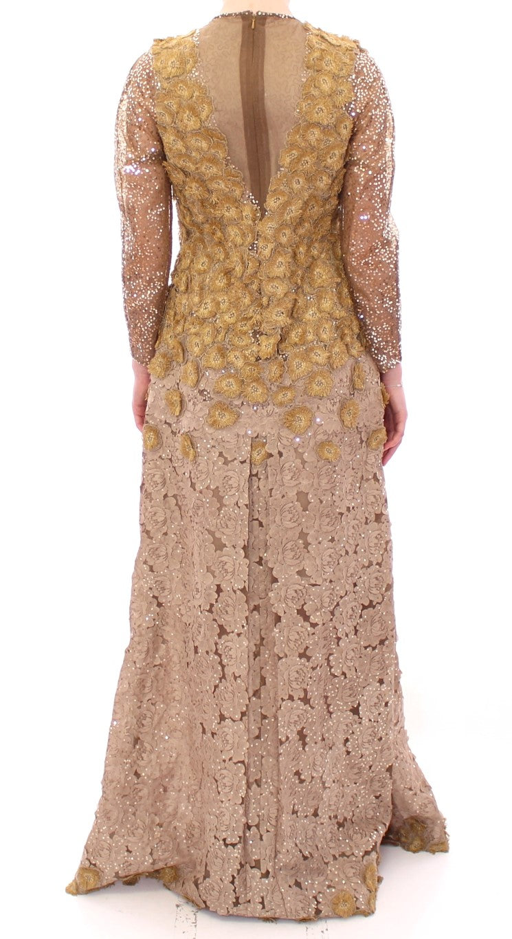 Lanre Da Silva Ajayi GOLD Langes Maxikleid aus Spitze und Kristall