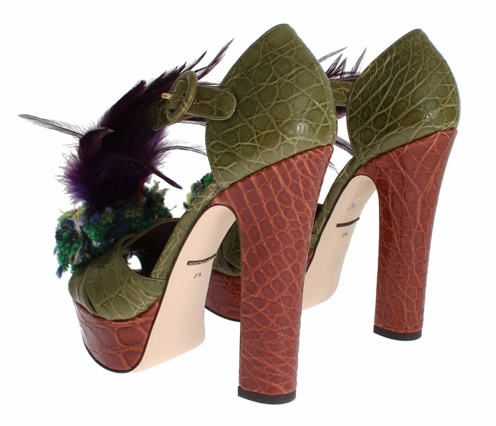 Dolce & Gabbana Grüne Leder Kristall Plateau Sandale Schuhe