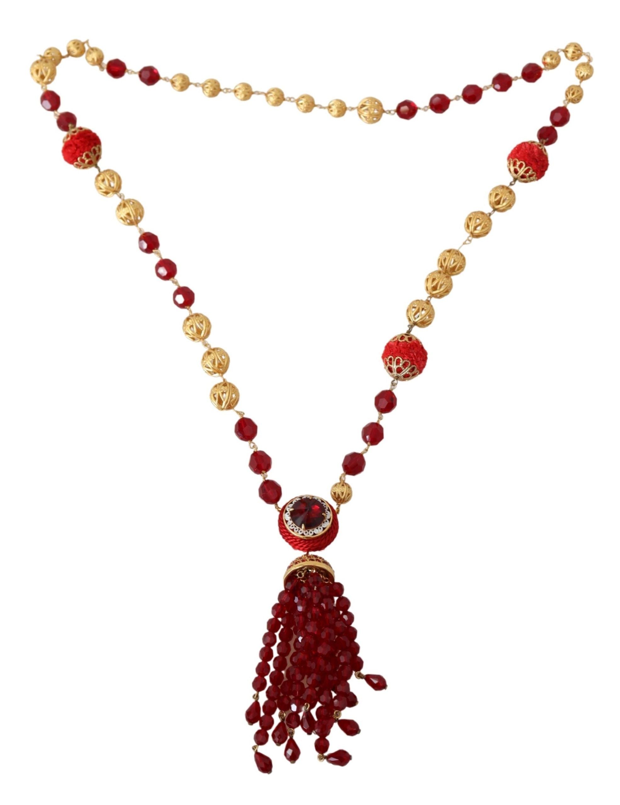Dolce & Gabbana Gold-Ton Messing Rot Kristalle Anhänger Oper Kette Halskette