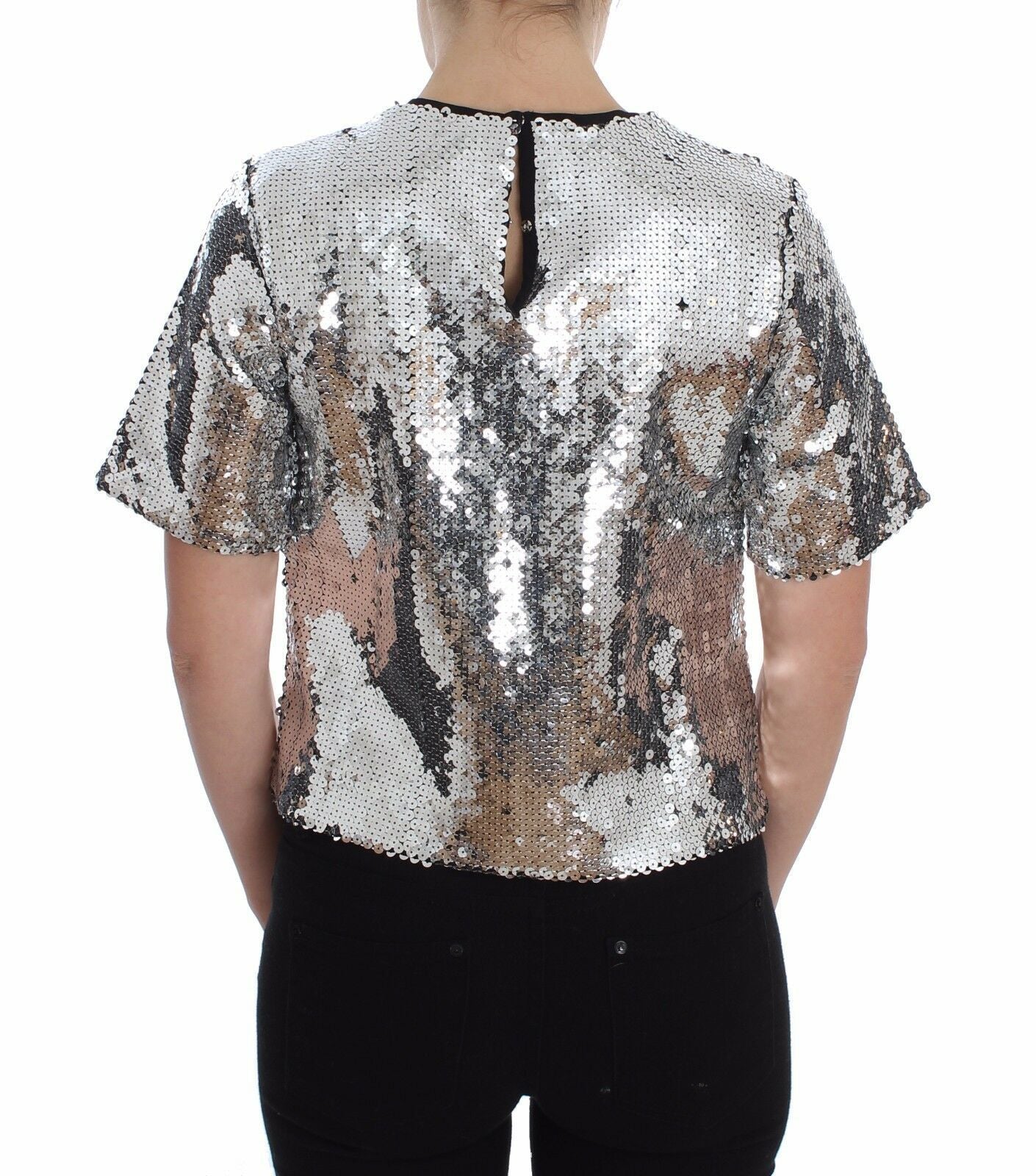 Dolce & Gabbana Silberne paillettenbesetzte Bluse mit Rundhalsausschnitt T-shirt Top
