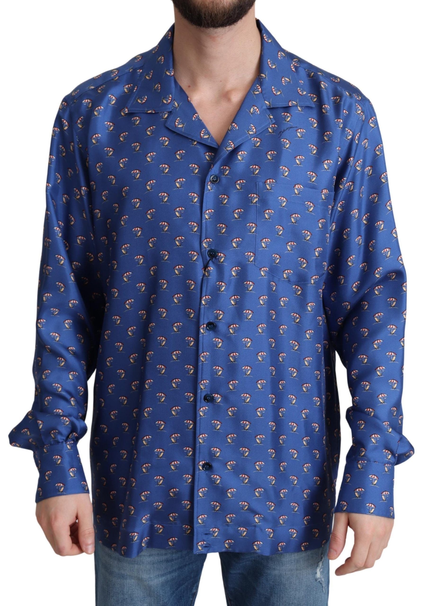 Dolce & Gabbana Blaues Strandkorb-Schirmchen Print Seidenhemd