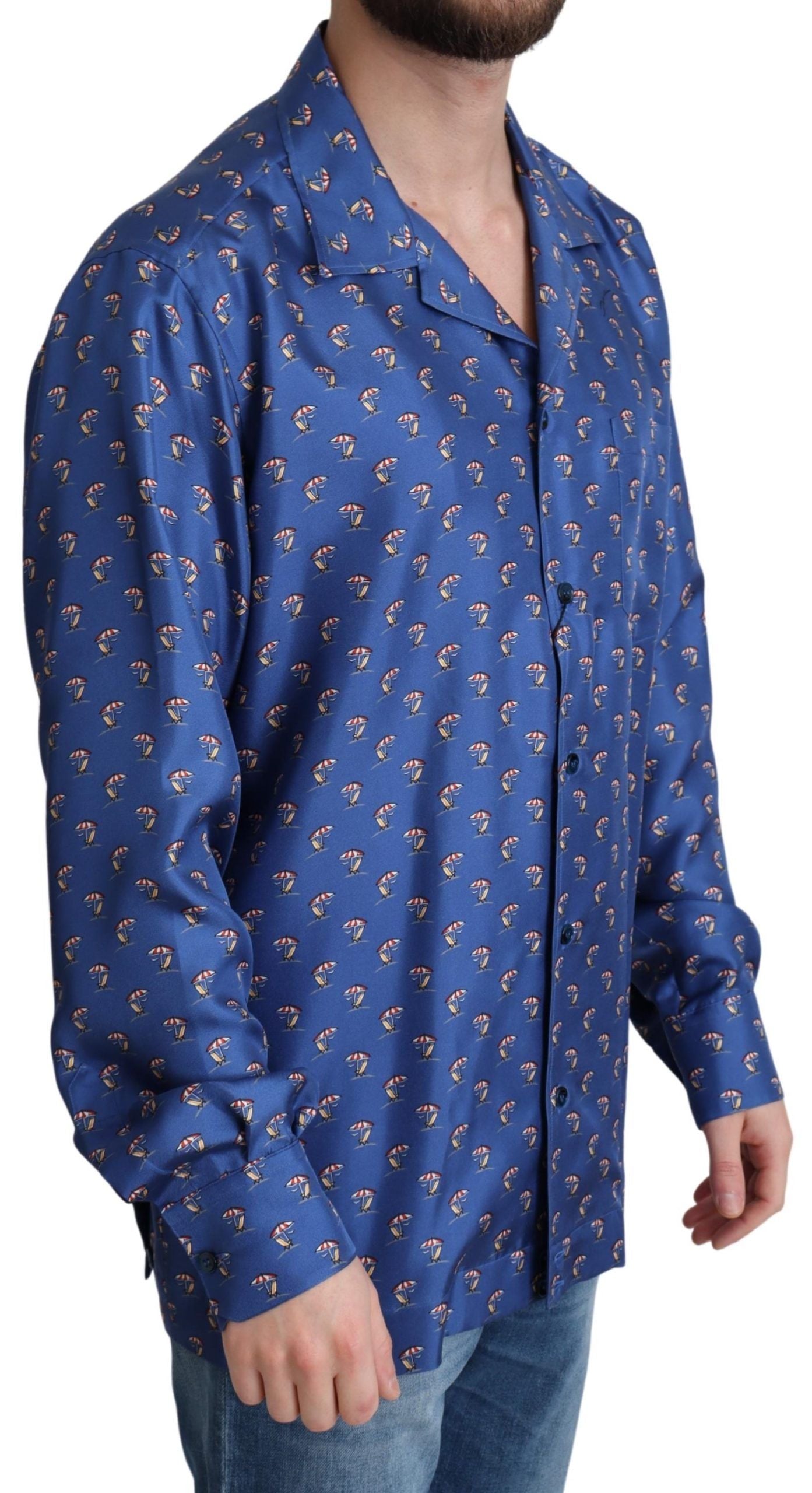 Dolce & Gabbana Blaues Strandkorb-Schirmchen Print Seidenhemd