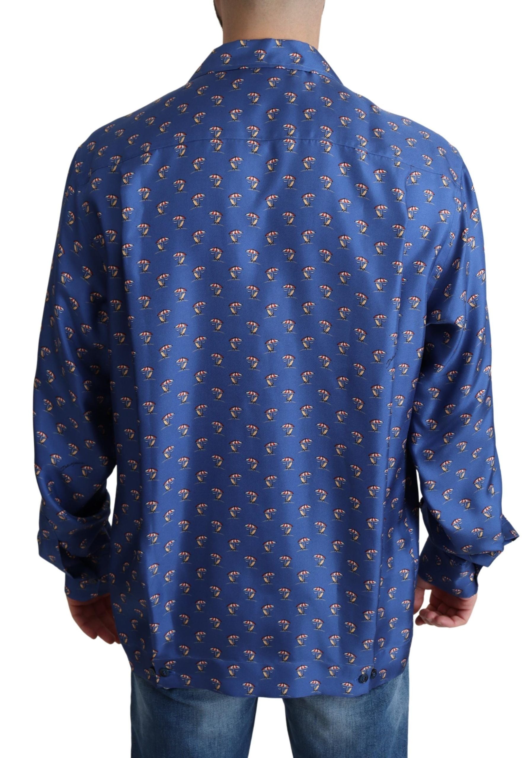 Dolce & Gabbana Blaues Strandkorb-Schirmchen Print Seidenhemd