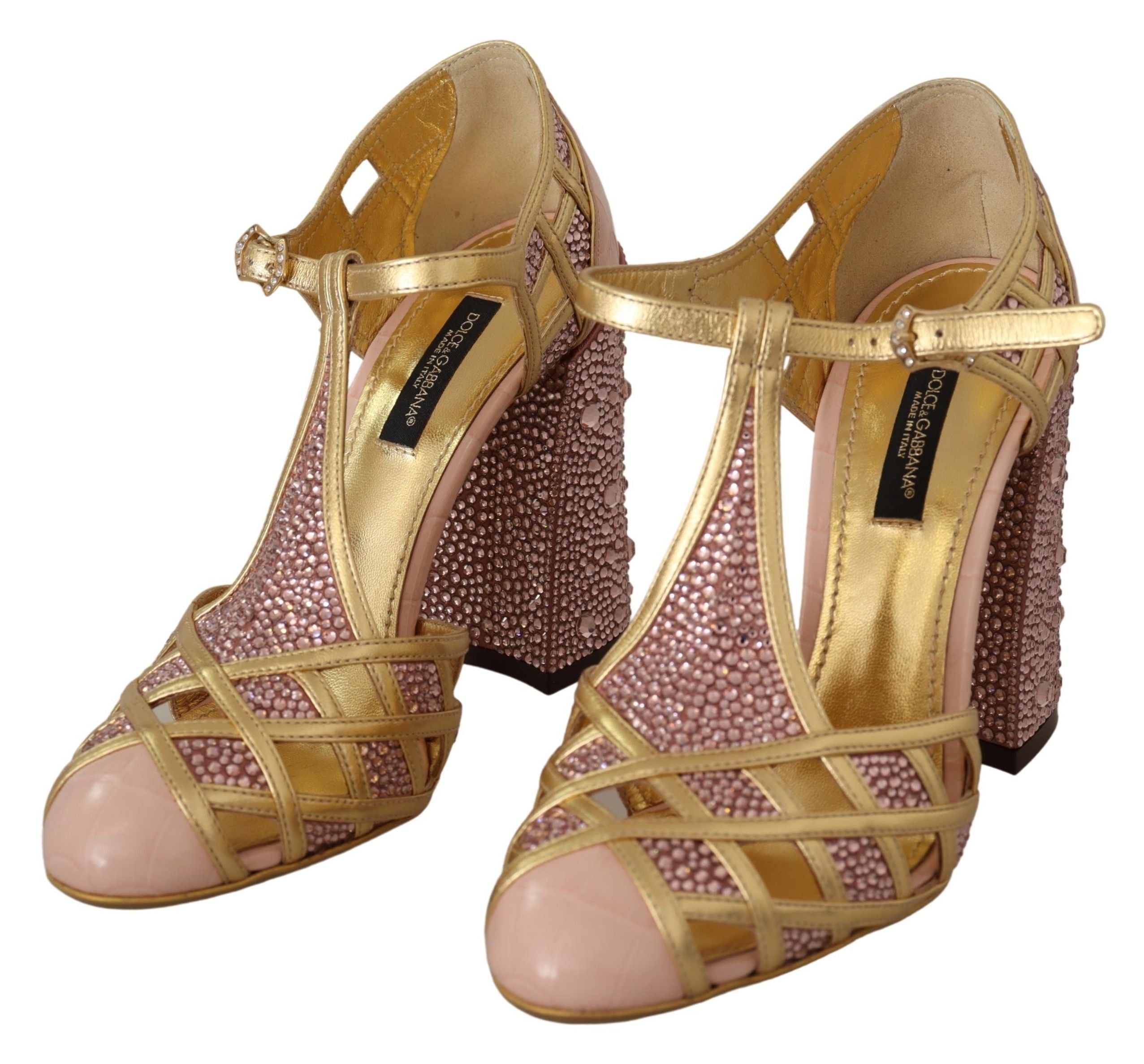 Dolce & Gabbana Rosa Gold Leder Kristall Pumps T-Riemen Schuhe