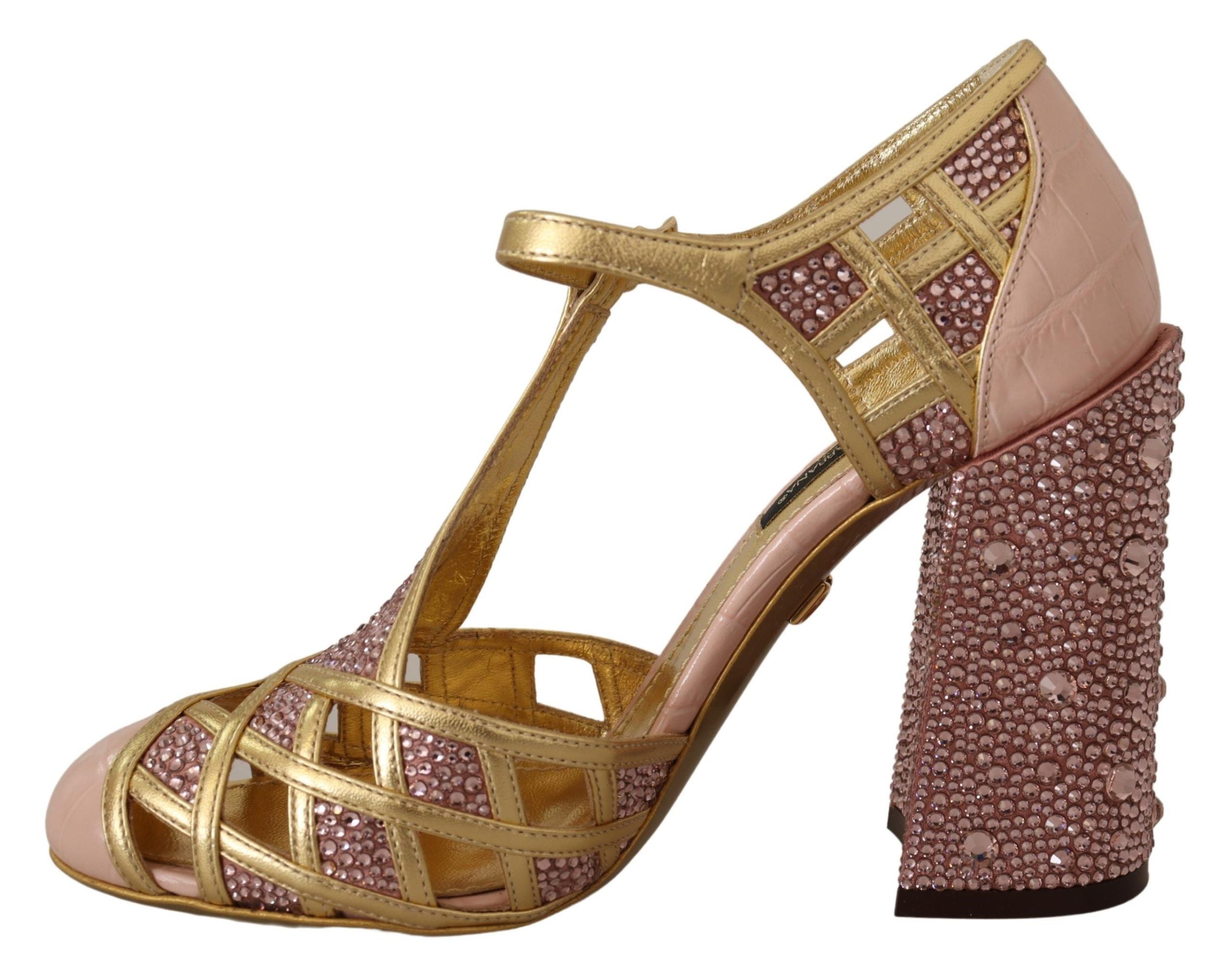 Dolce & Gabbana Rosa Gold Leder Kristall Pumps T-Riemen Schuhe