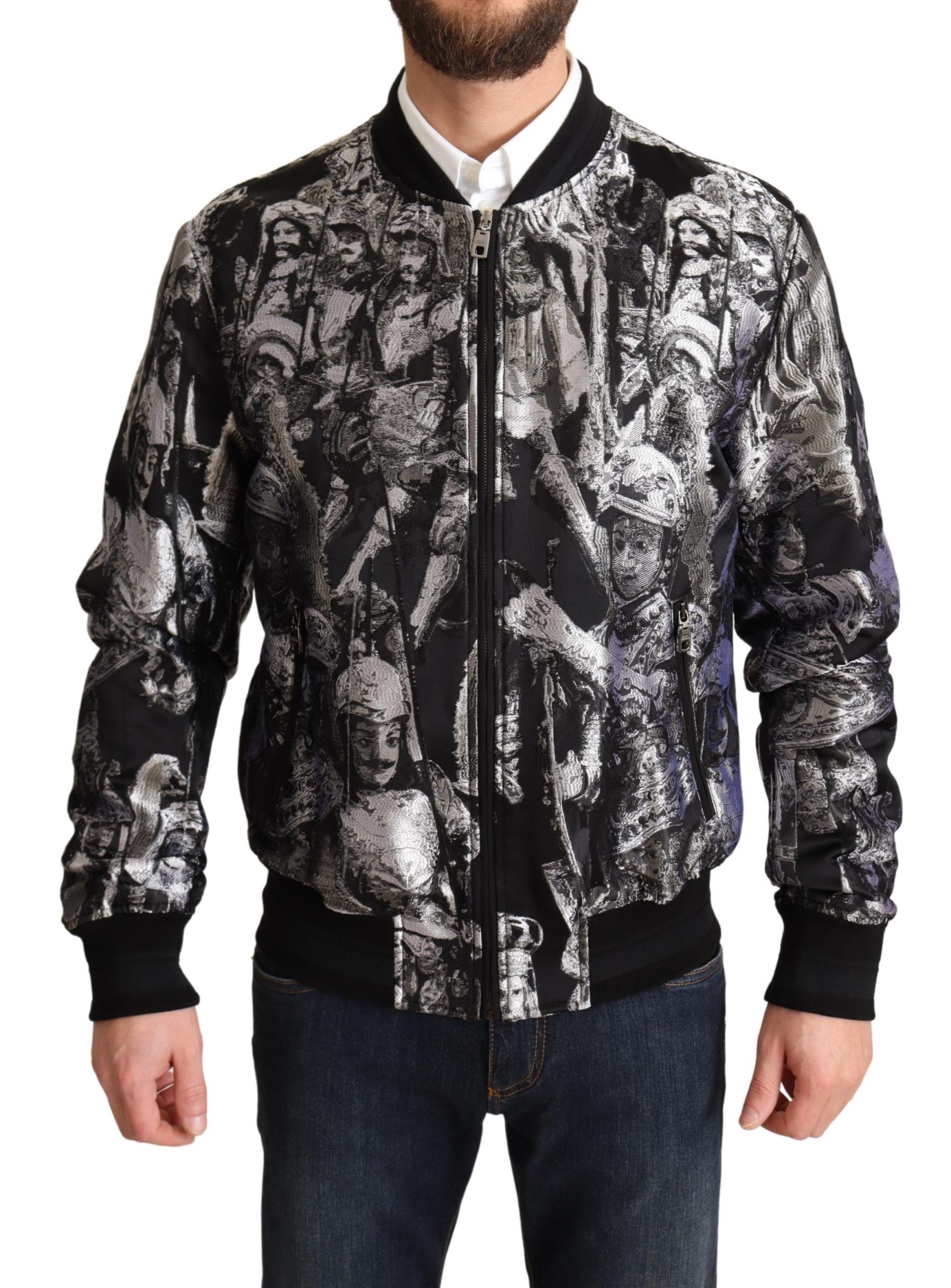 Dolce & Gabbana Schwarz Silber Puppi Motiv Bomberjacke
