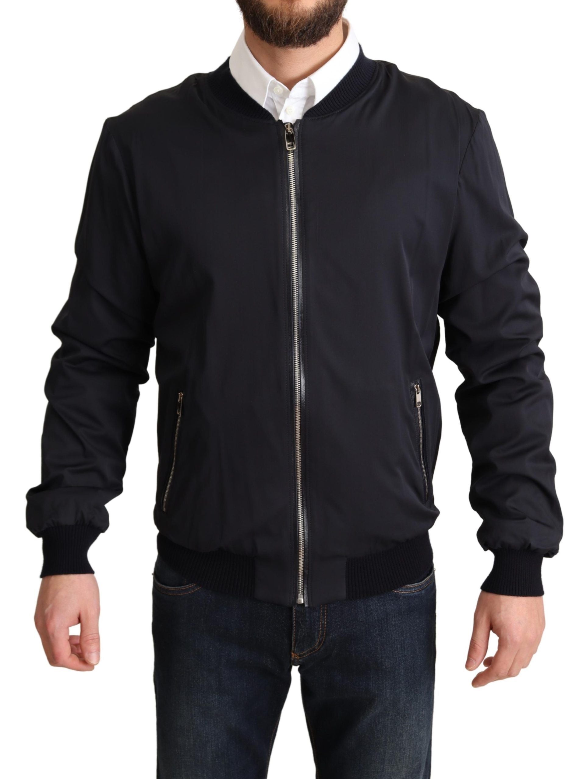Dolce & Gabbana Blauer Seidenmantel Kurzer Bomber Männer Jacke
