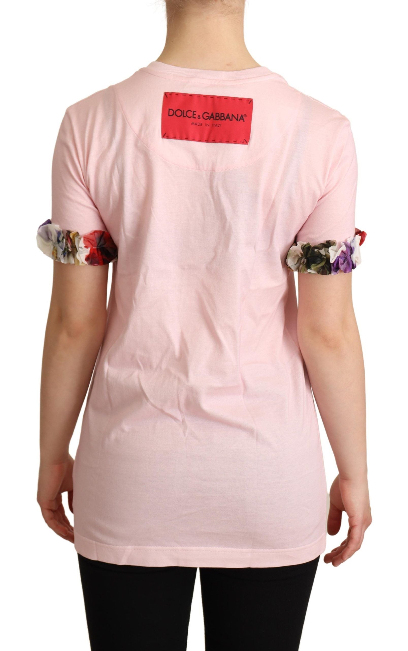 Dolce & Gabbana Rosa Baumwoll-T-Shirt mit geblümten Rosen und Rundhalsausschnitt