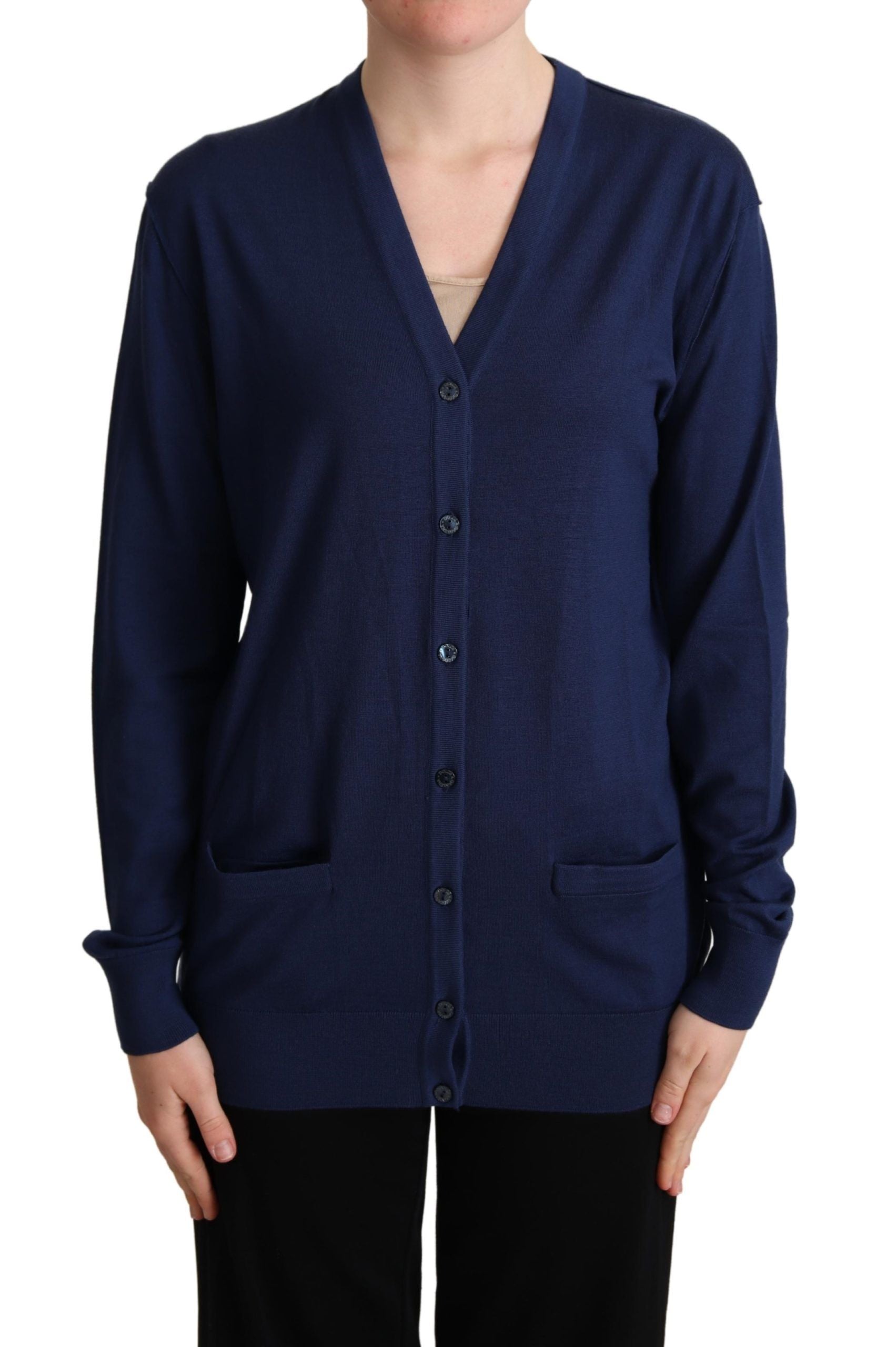 Dolce & Gabbana Blaue Strickjacke aus Schurwolle mit Knopfleiste