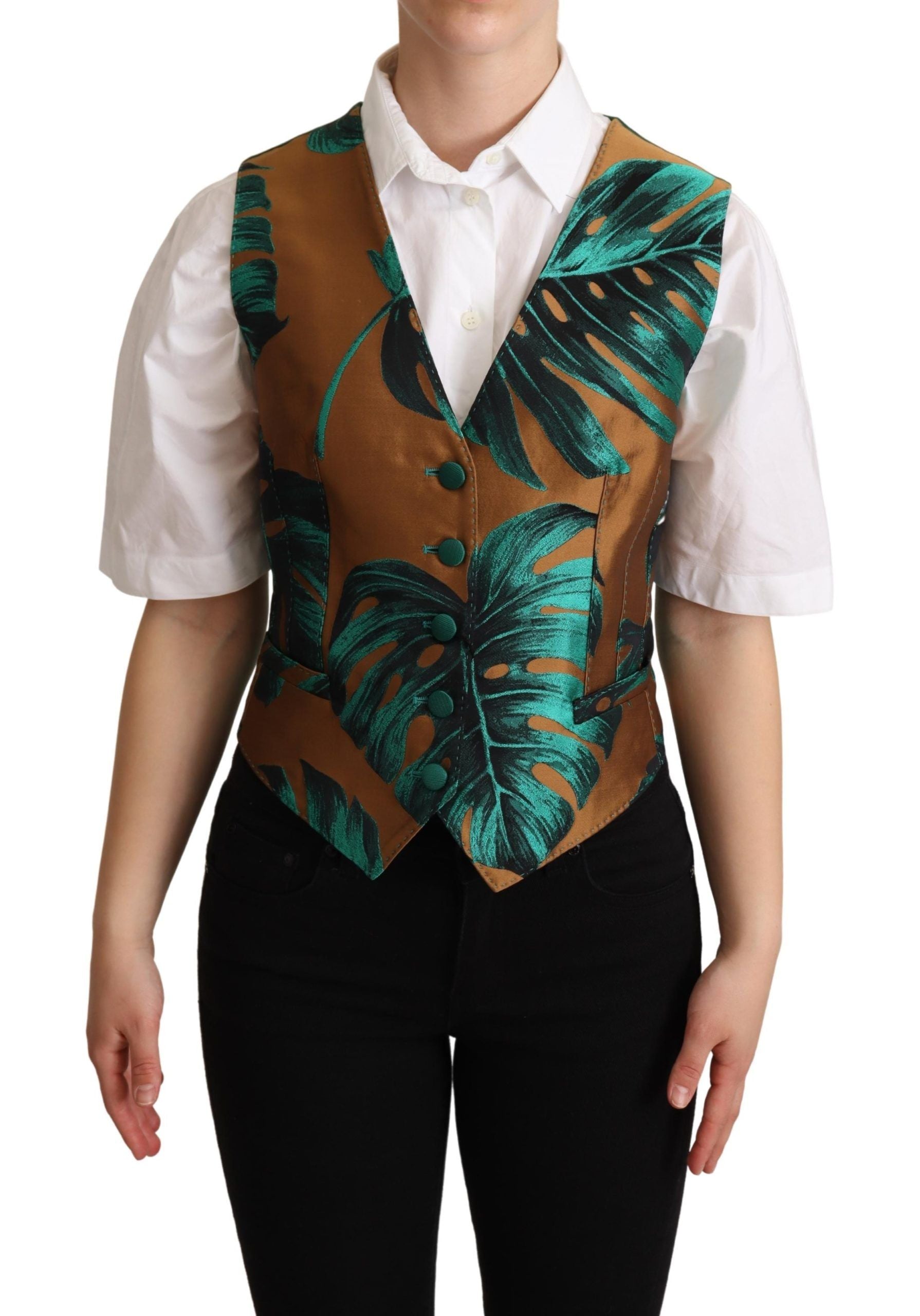 Dolce & Gabbana Grüne Jacquard-Blatt-Goldweste Weste