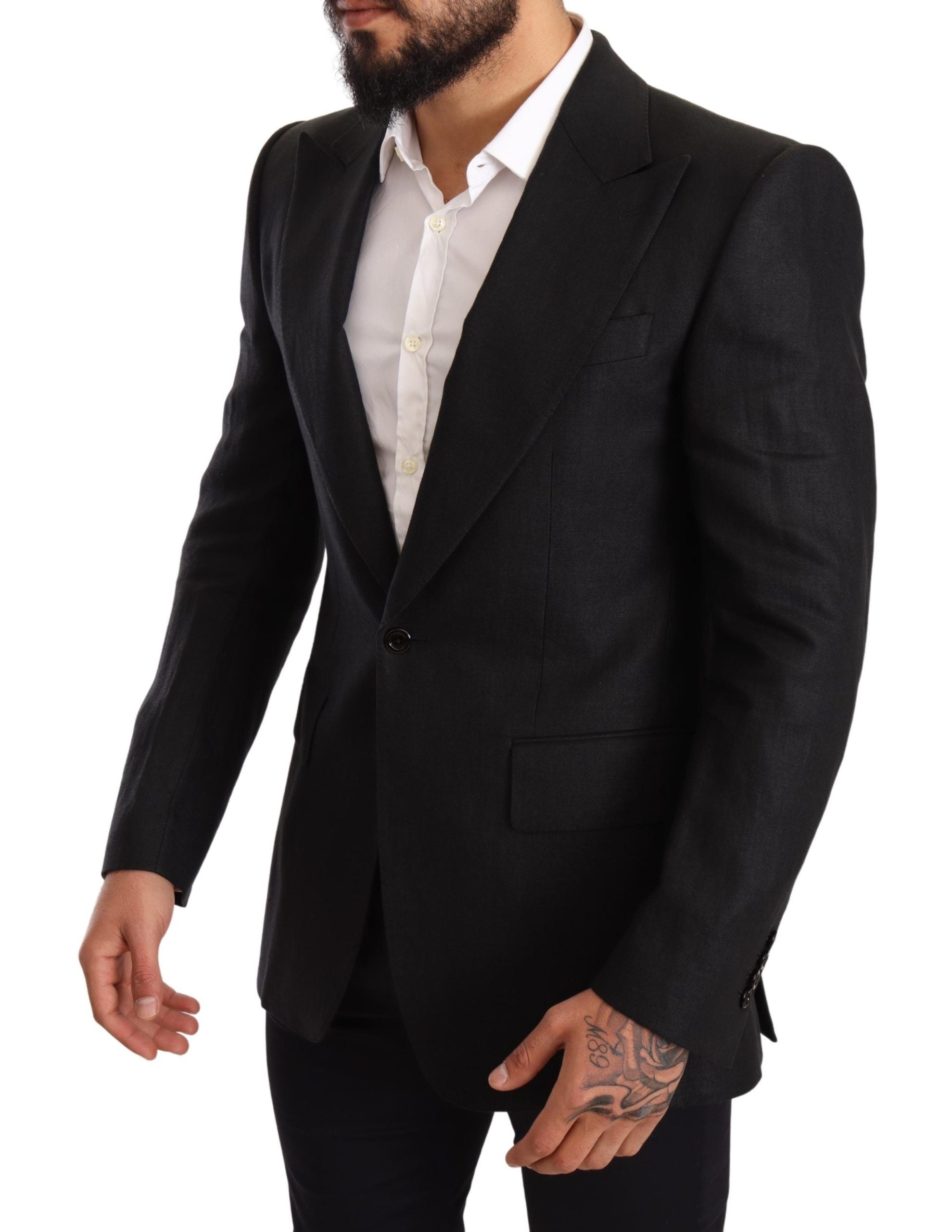 Dolce & Gabbana Schwarzer Leinenmantel Slim Fit Jacke Blazer