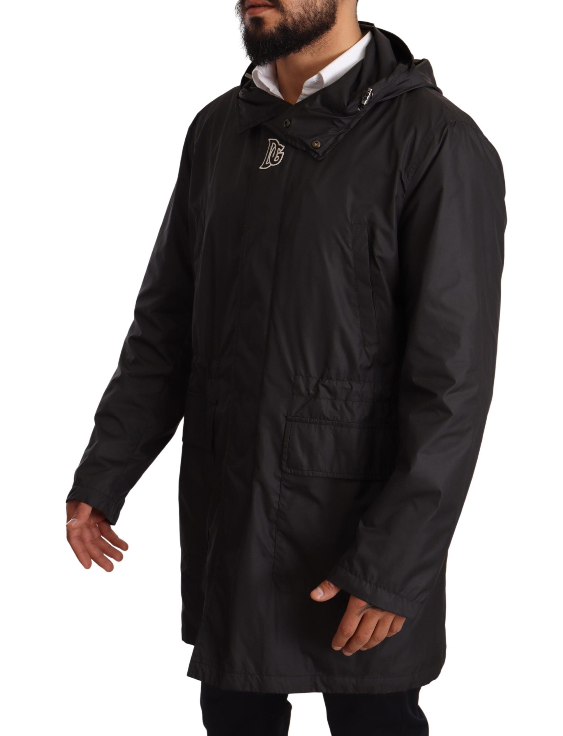 Dolce & Gabbana Schwarzer Kapuzenmantel Herren Trenchcoat Jacke