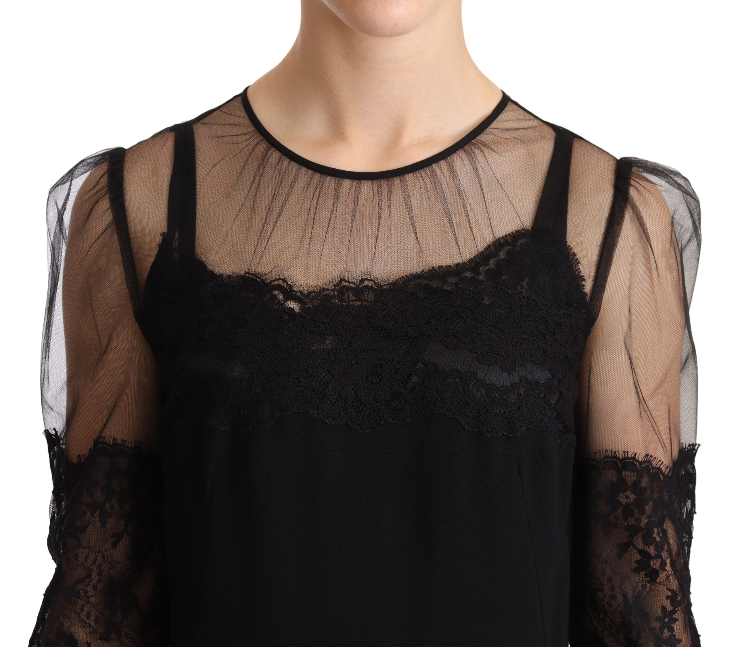 Dolce & Gabbana Schwarzes Maxikleid aus transparenter, floraler Spitze mit Kristall