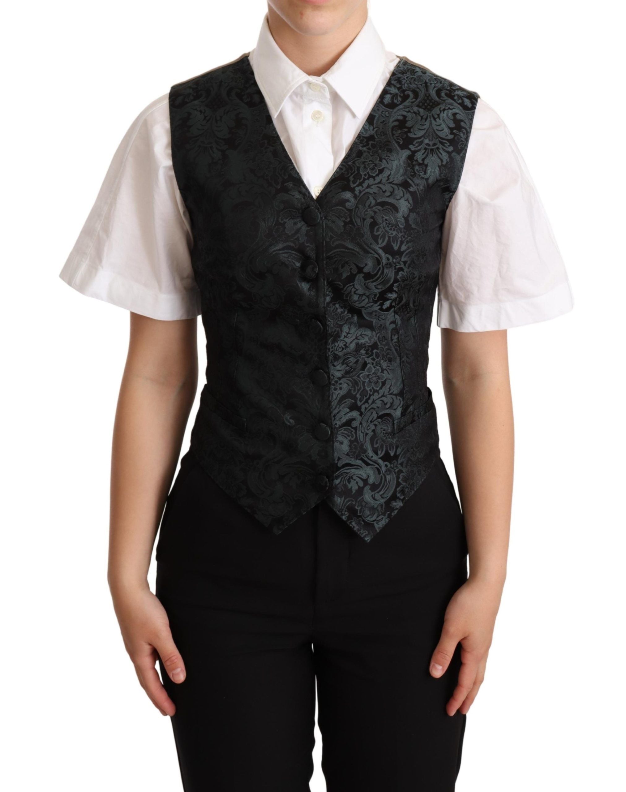 Dolce & Gabbana Schwarze Jacquard-Blumenweste Weste Grün