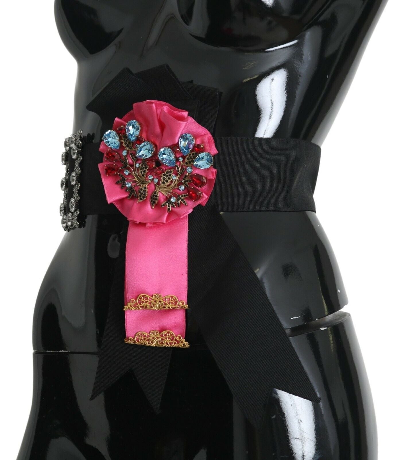 Dolce & Gabbana Schwarz Rosa Blume Brosche Kristalle Baumwollgürtel