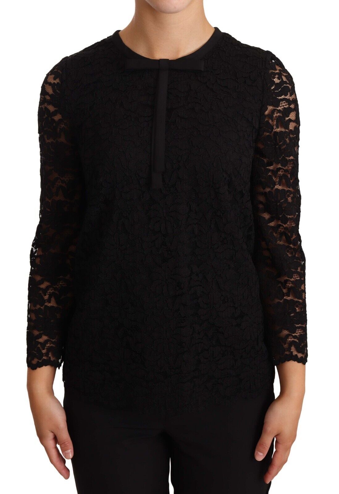 Dolce & Gabbana Schwarzes Nylonblusentop mit floraler Spitze