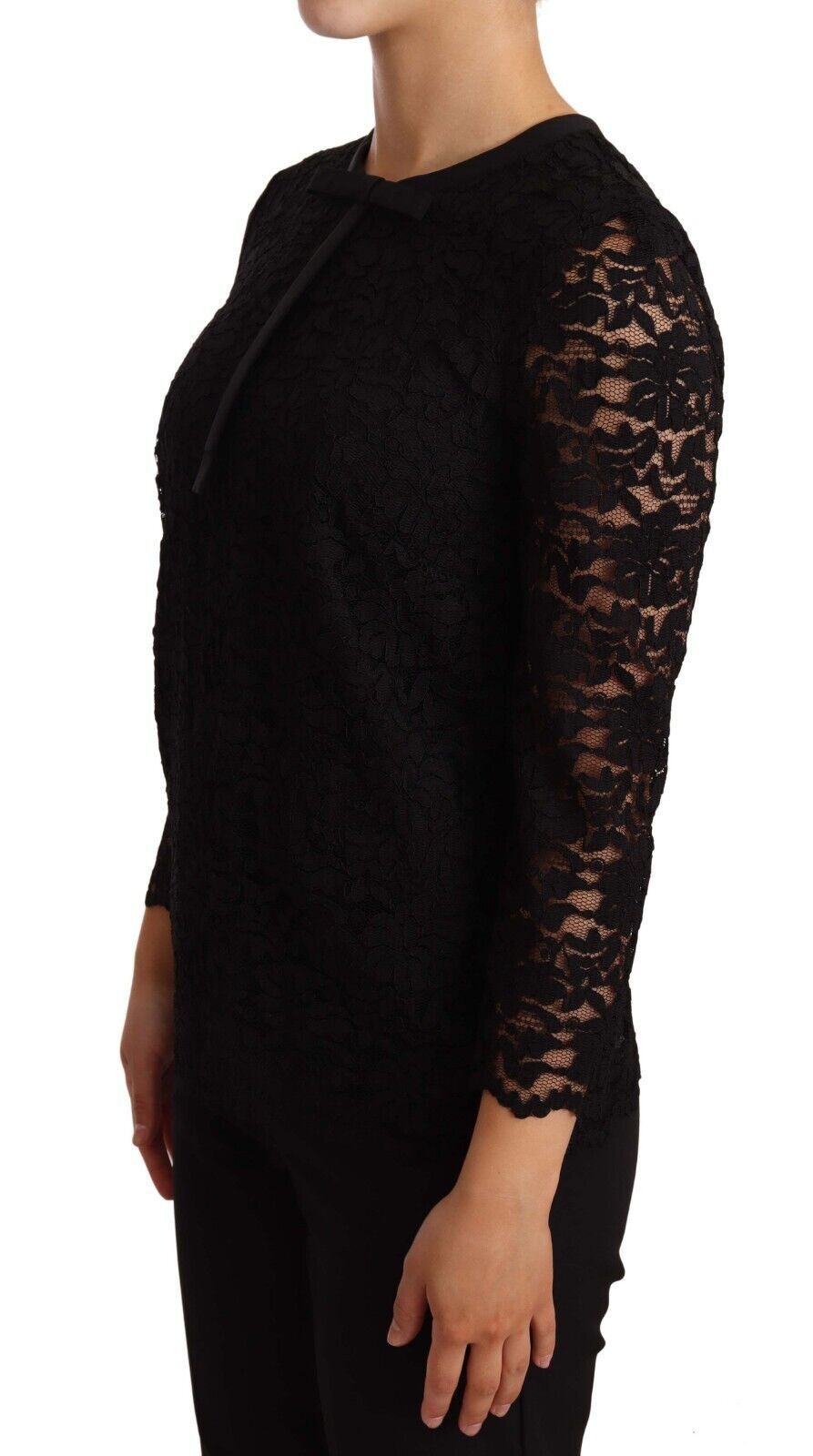 Dolce & Gabbana Schwarzes Nylonblusentop mit floraler Spitze