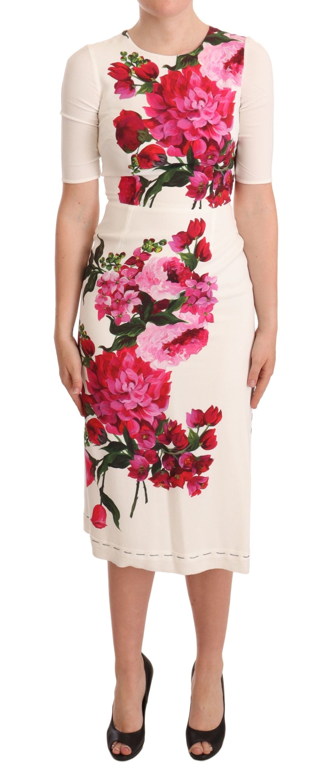 Dolce & Gabbana Weißes Midikleid aus Crêpe mit Blumenmuster und Schlitz