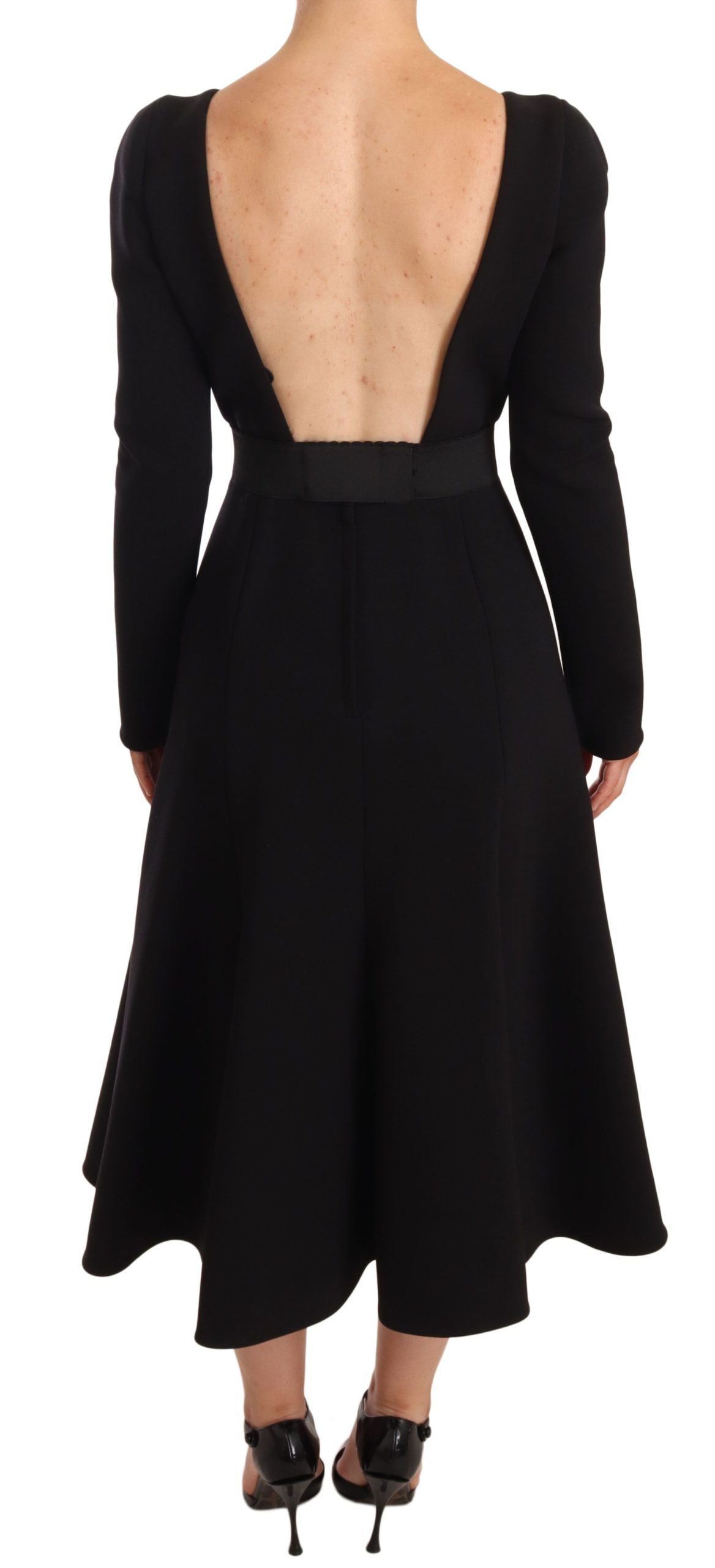 Dolce & Gabbana Schwarzes Stretch-Mantelkleid aus Wolle mit offenem Rücken
