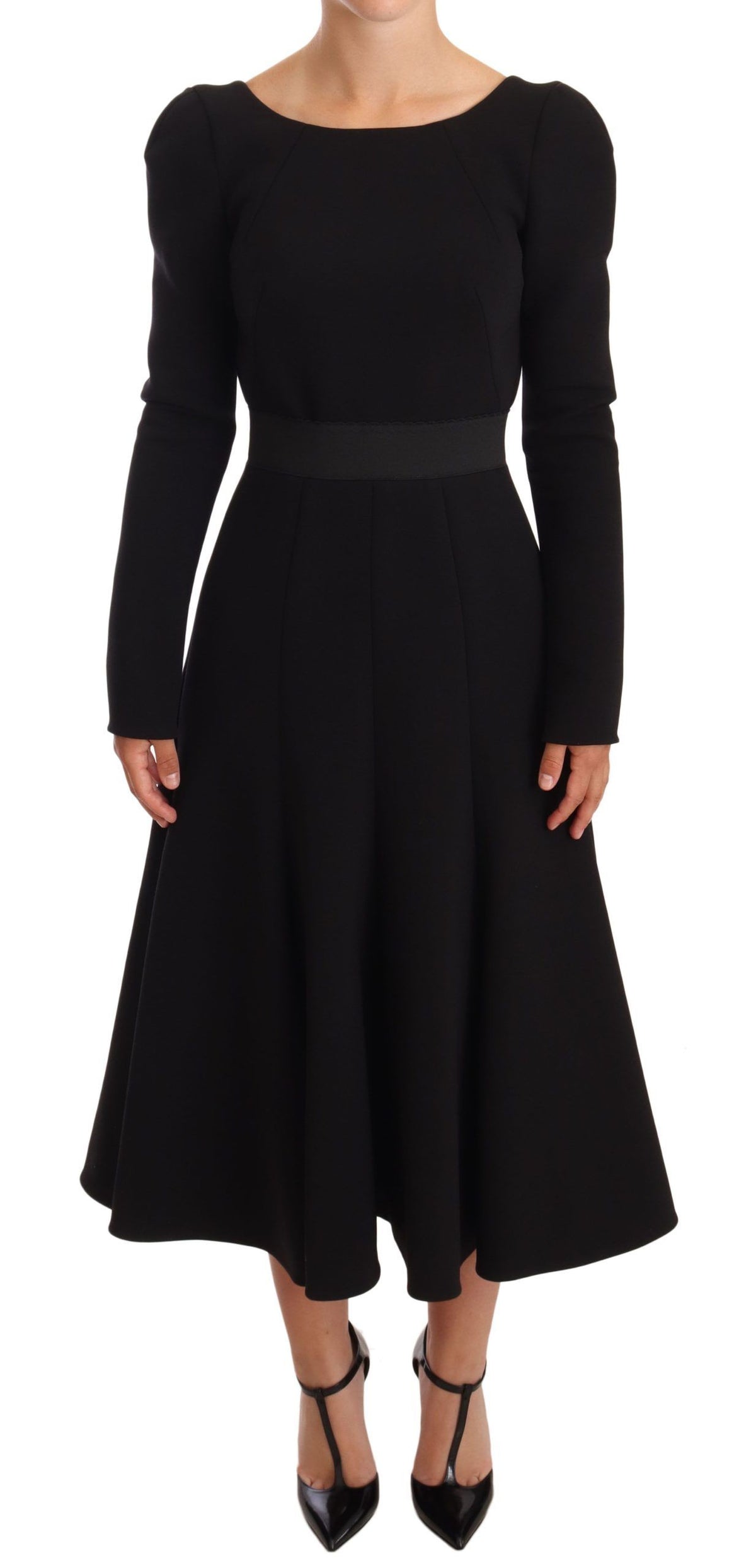 Dolce & Gabbana Schwarzes Stretch-Mantelkleid aus Wolle mit offenem Rücken