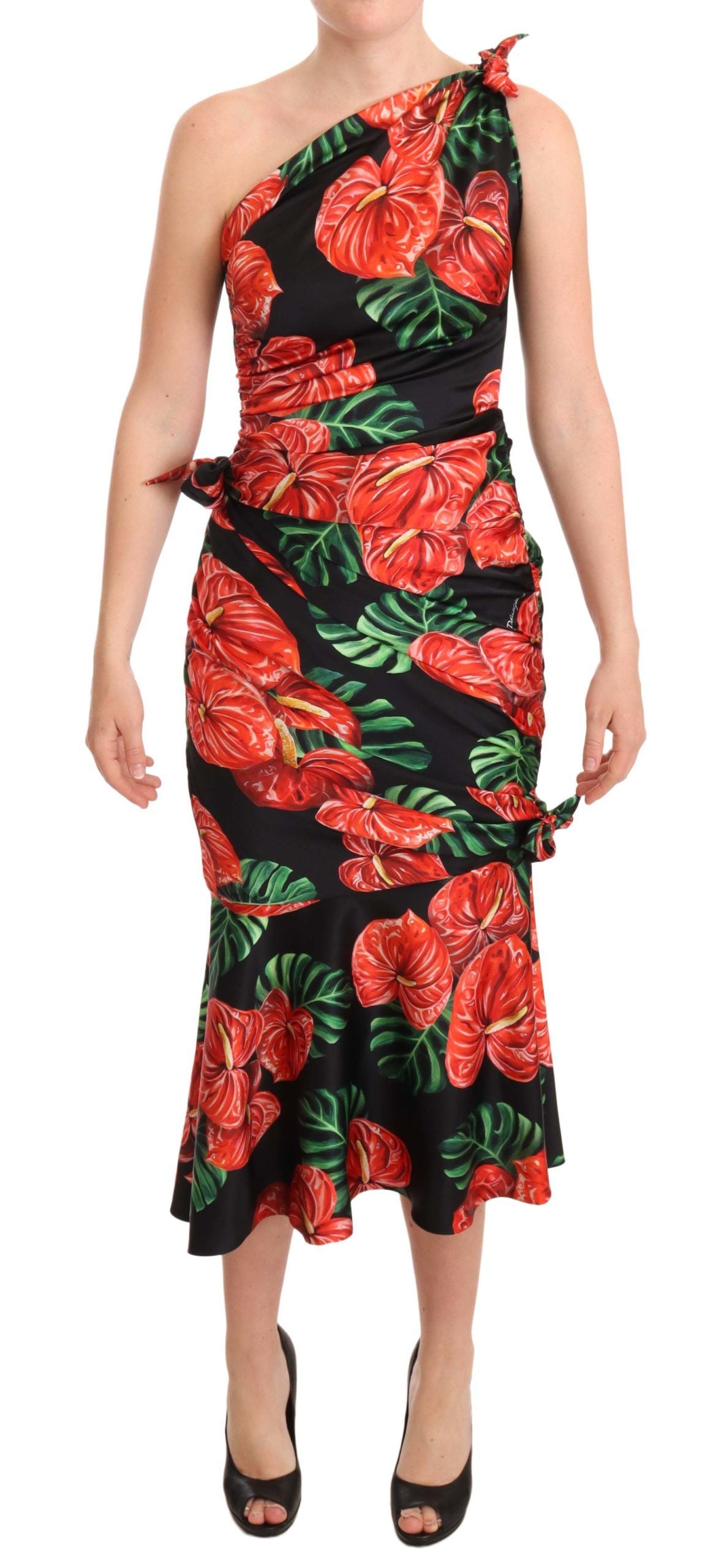 Dolce & Gabbana Schwarzes, glänzendes, geblümtes Seidenkleid mit Drapierung