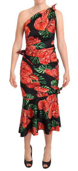 Dolce & Gabbana Schwarzes, glänzendes, geblümtes Seidenkleid mit Drapierung