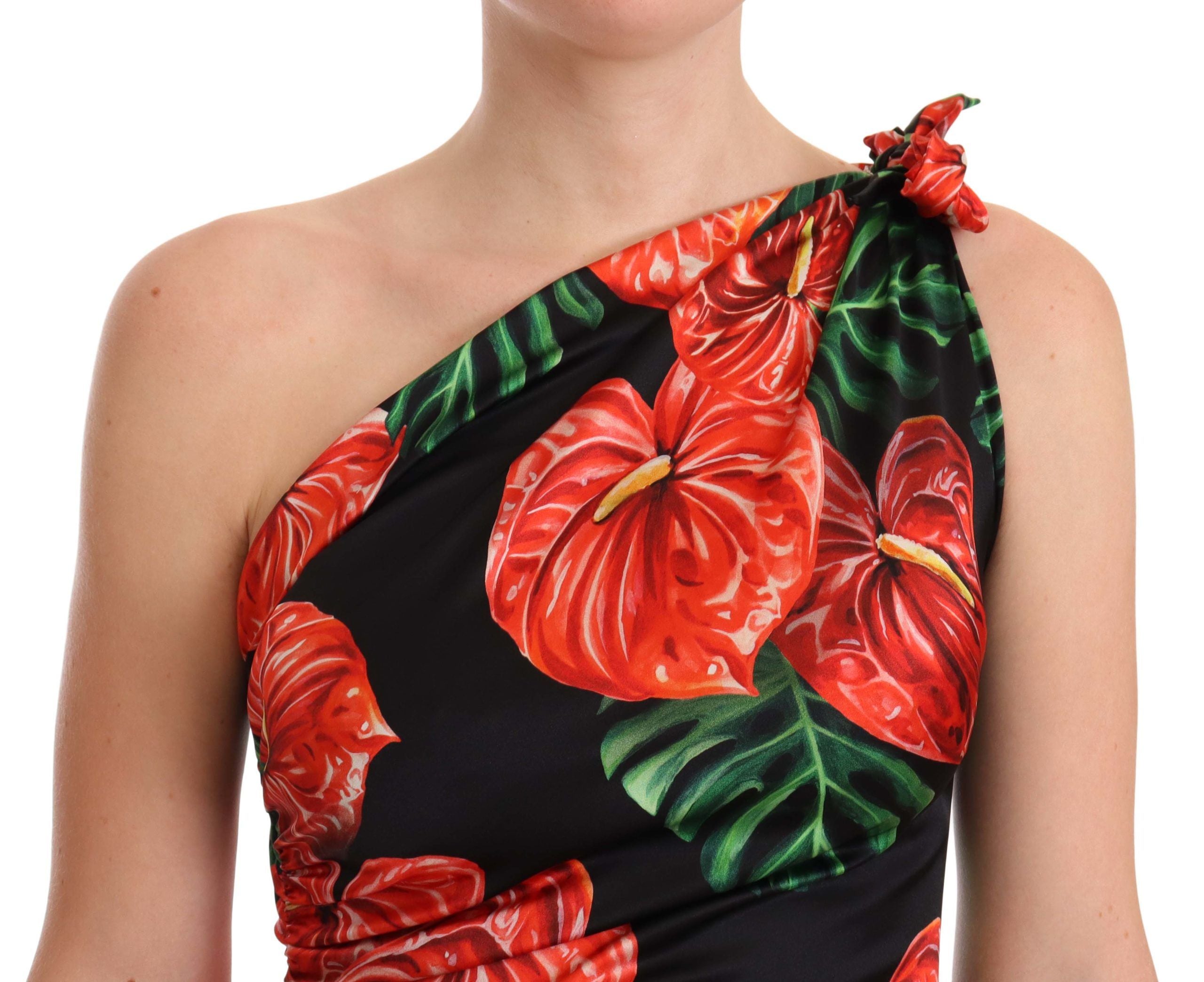 Dolce & Gabbana Schwarzes, glänzendes, geblümtes Seidenkleid mit Drapierung