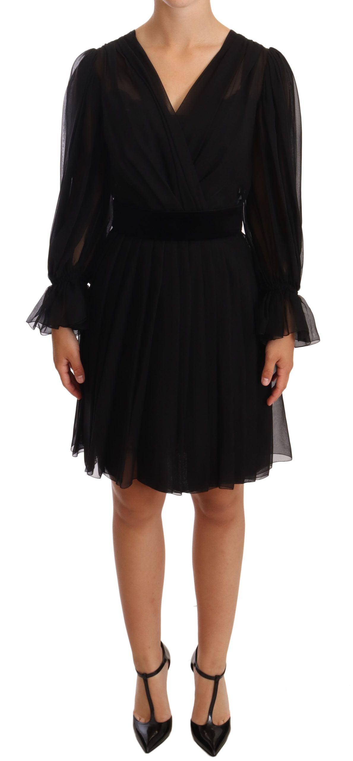 Dolce & Gabbana Schwarzes plissiertes Mini-Seiden-Stretchkleid aus Mesh
