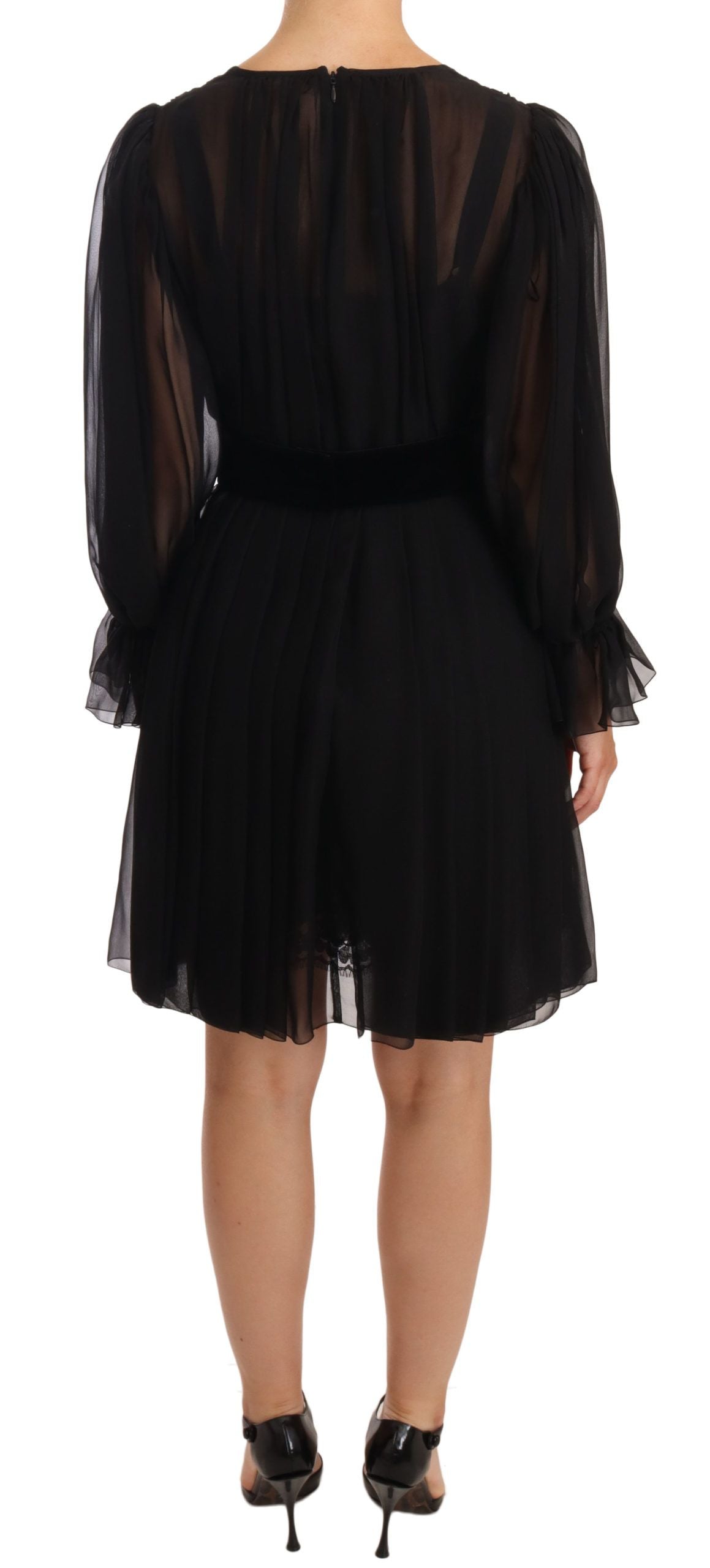 Dolce & Gabbana Schwarzes plissiertes Mini-Seiden-Stretchkleid aus Mesh