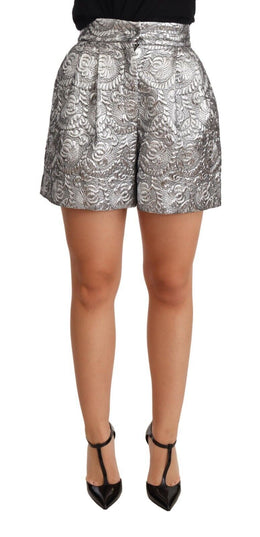 Dolce & Gabbana Silberne Brokat-Shorts mit hoher Taille und Blumenmuster