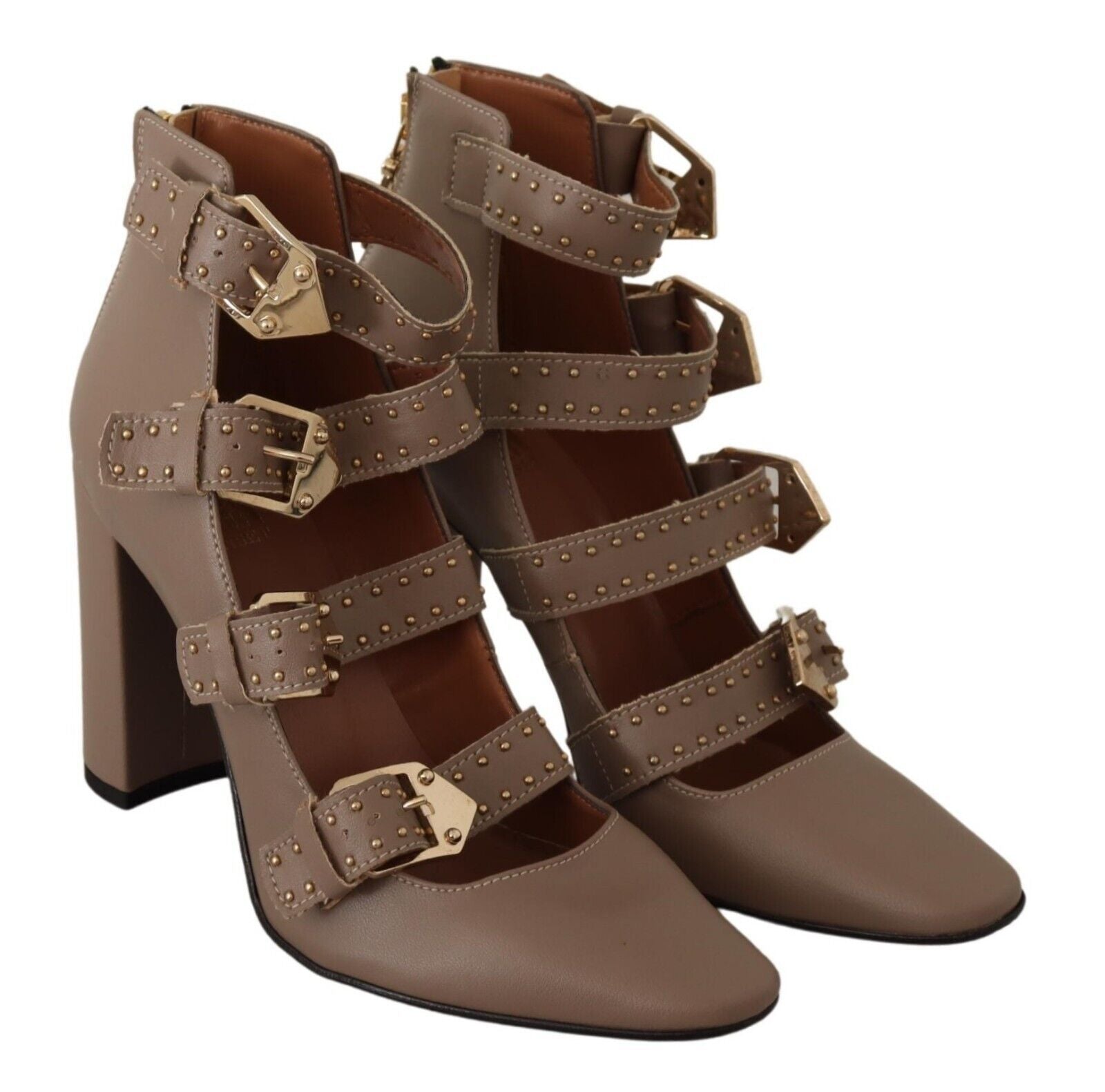 MY TWIN Braun Leder Block Absätze Multi Schnalle Pumps Schuhe