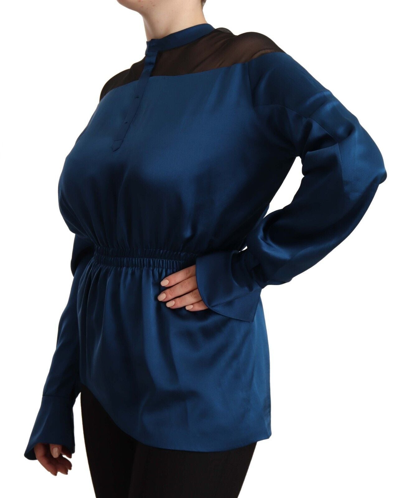 Masha Ma Blaues Seidentop mit langen Ärmeln und elastischer Taille Bluse