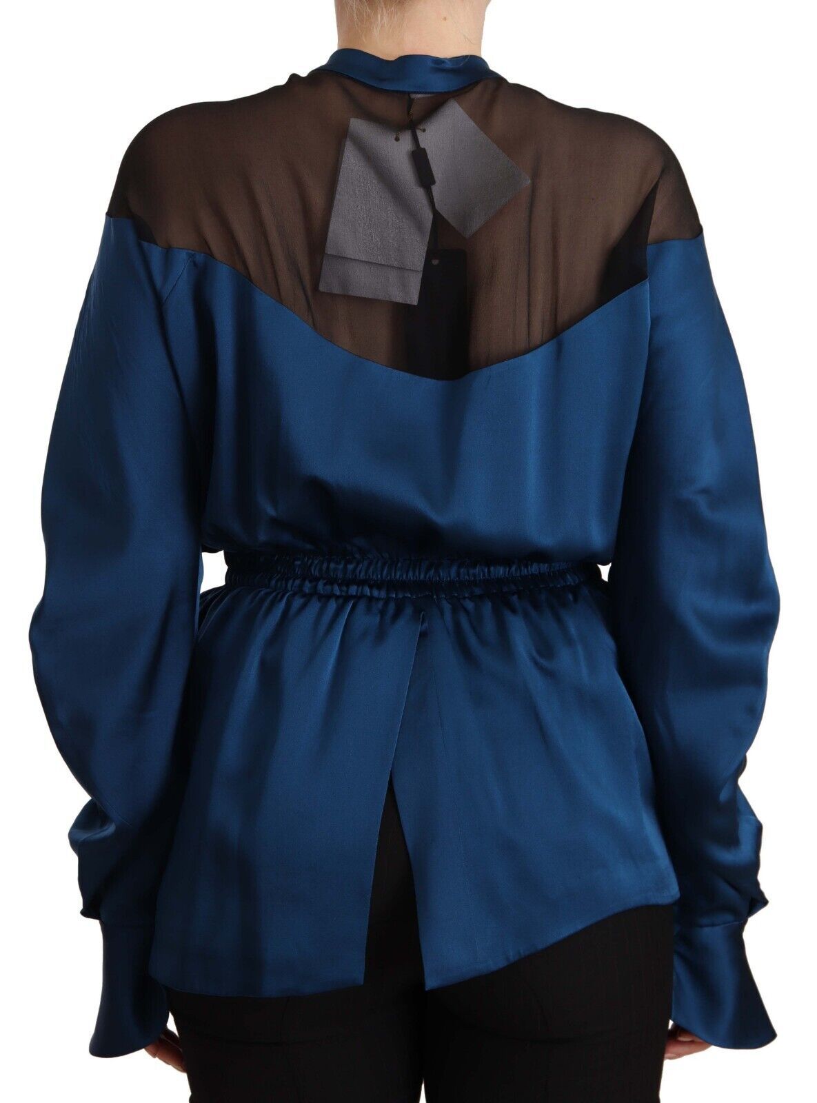 Masha Ma Blaues Seidentop mit langen Ärmeln und elastischer Taille Bluse